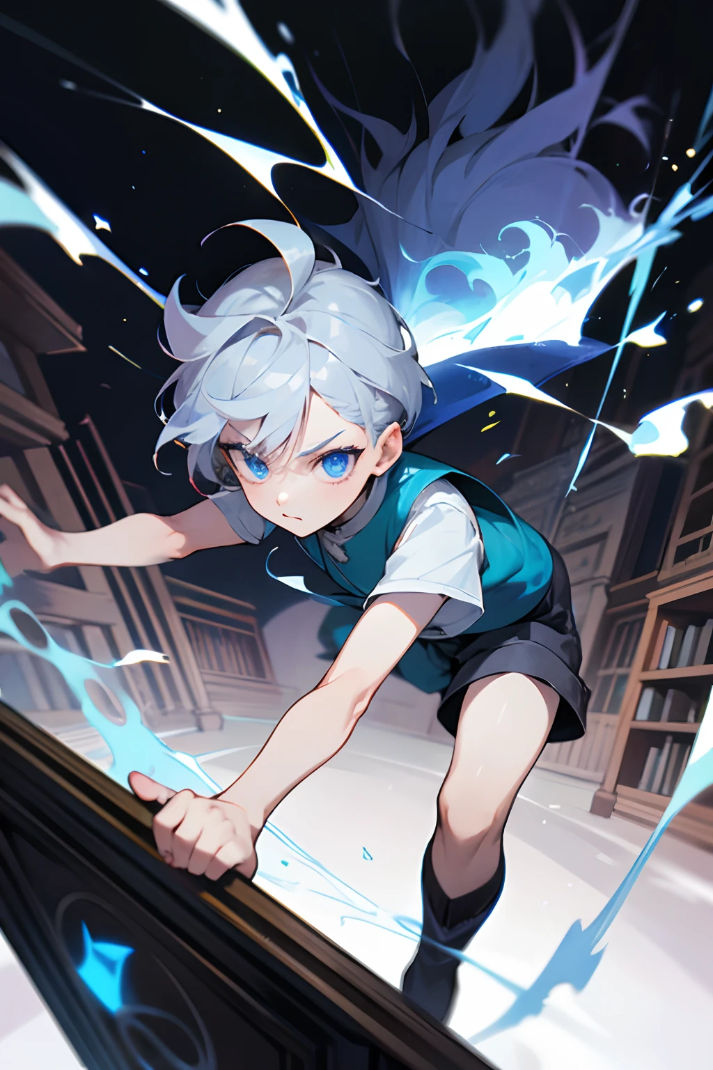 silber hair,blue eyess,short-haired,Having a book,bookcase,ren,Cute,fleeting,The shirt,vests,Short pants,gotik,Male ,attacking magic,Ice Magic,twinsies,