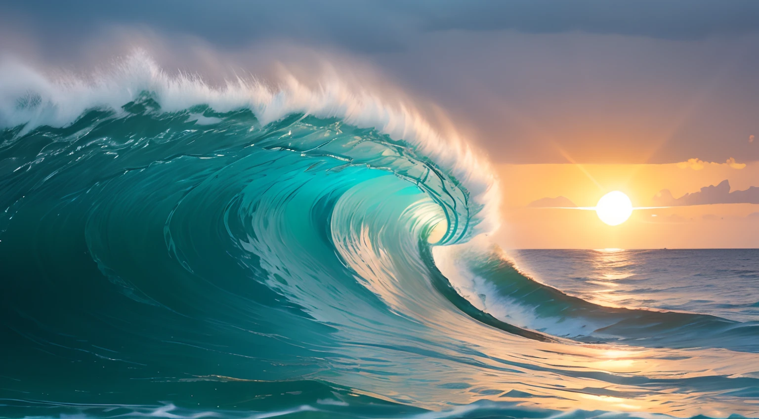 Side view of tubing waves with sun in background in cinematic evening light, turquoise waters, realistic detail