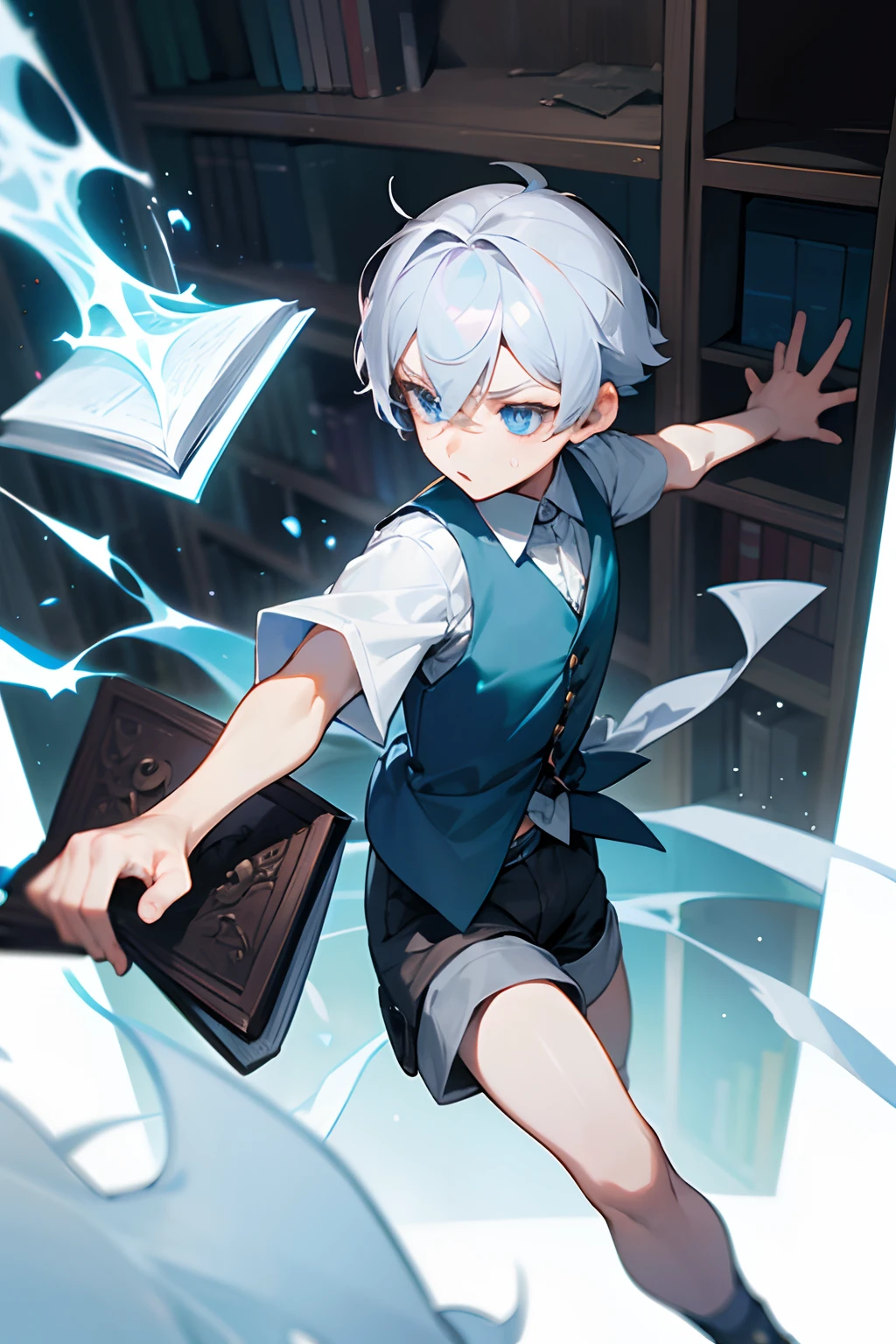silber hair,blue eyess,short-haired,Having a book,bookcase,ren,Cute,fleeting,The shirt,vests,Short pants,gotik,Male child,attacking magic,Ice Magic,twinsies,