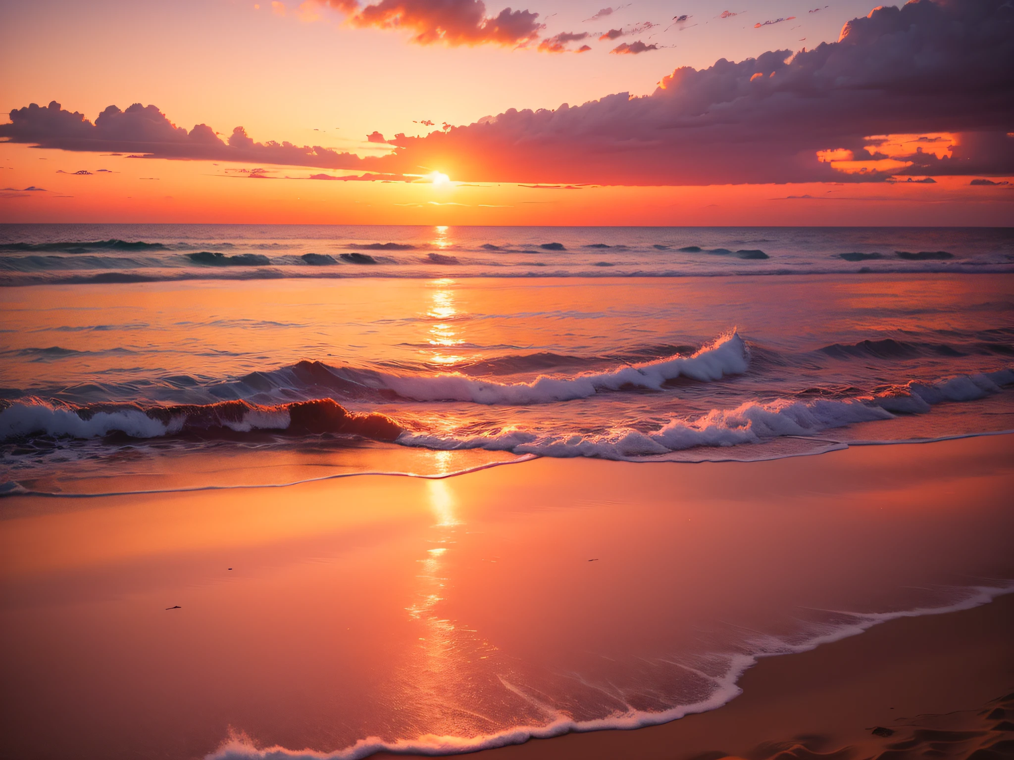 Sunset Serenity Beach: A tranquil beach setting with a breathtaking sunset painting the sky in hues of orange and pink, reflecting on calm waters.