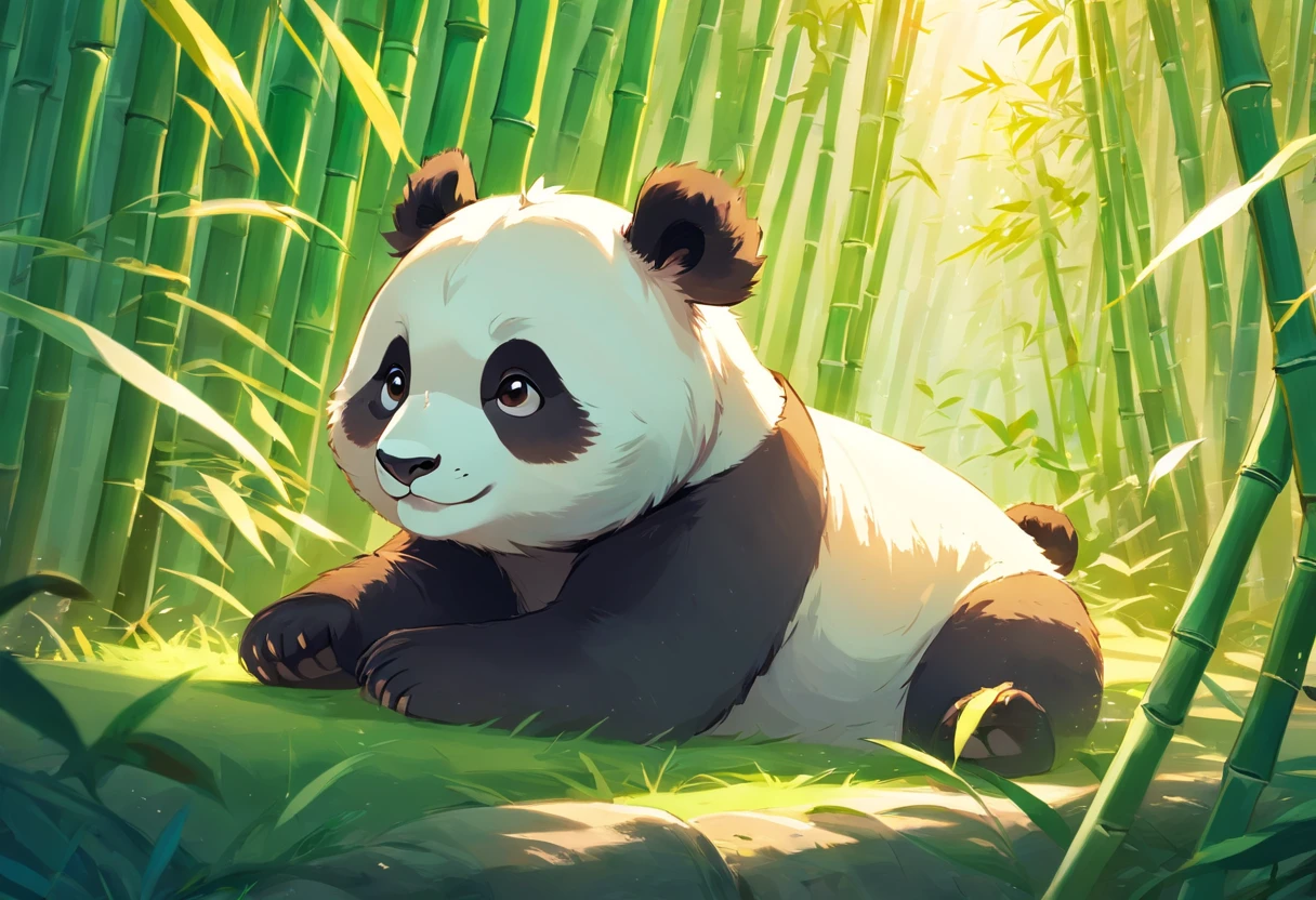 A cute furry panda cub rolls playfully in a sunny bamboo glade, Warm light filters through the leaves. Detailed fur texture, Peaceful and natural mood, Gentle lighting. Traditional watercolor style. --AR 4:5 --s 400 --niji 5