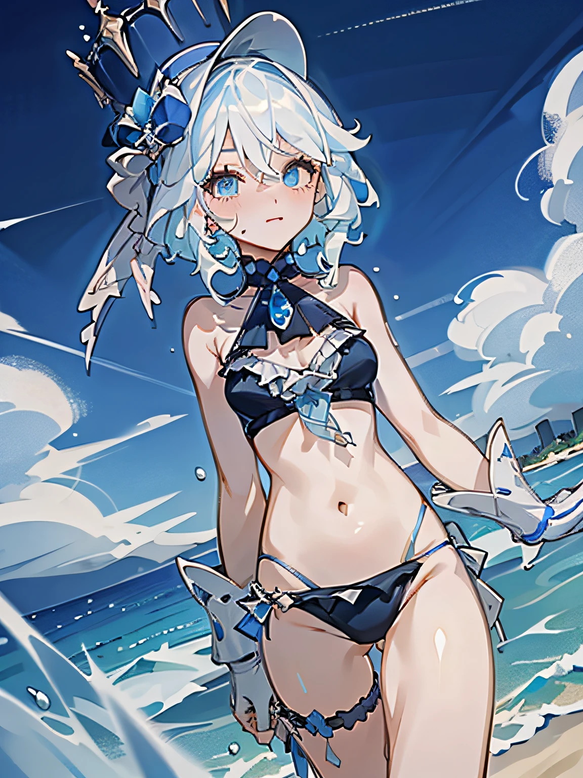 1girl, short white hair, blue eyes, absurdres, high res, ultrasharp, 8K, masterpiece, high quality, looking at viewer, furina, water droplets, cool, sexy, (((bikini))), swimsuit, beach sky, lewd, bare arms, bare shoulders, beach hat