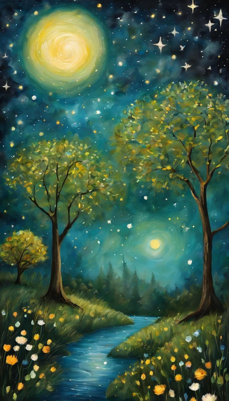 starrysky,themoon,kosmos,The color contrast is strong,heal,Gorgeous fireworks,Face to face,Lonely and brilliant,Calm and powerful,Forest edge,(Princess Sheep),(The Fox Prince),Warm wind,Dappled tree shadows,Tender eyes,glowworm,Babbling creek,blue butterflies,The moon falls, The crescent moon falls into the well of loneliness,fragmented,bit by bit,There are flowers in dreams, Green meadow in dreams,Long hair causes ripples,Shirabe Shiiso,(glowworm)(Shining stars),(Starcloud),(nighttime scene),(Inspired by Van Gogh:1.3),(Van Gogh starry sky painting style:1.3),OilPaintStyle,8k wallpaper,light and shadow effect,Tyndall,rendering by octane,White balance,Unreal 5,Extremely detailed picture,depth of fields,tmasterpiece,realisticlying,Ray