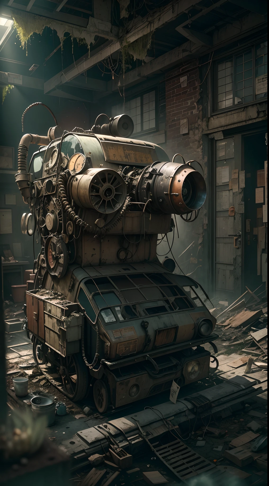 (Best quality,4K,8K,A high resolution,Masterpiece:1.2),Ultra-detailed,(Realistic,Photorealistic,photo-realistic:1.37),steampunc,illuminations,Cityscape,Abandoned,废墟,Hospital ruins,dystopian,Futuristic,Dark atmosphere,Towering buildings,wreckage,wires hanging,smoke-filled sky,overgrown vegetation,Desolate streets,Crumbling building,black wall,Weeds sprout,Debris was scattered all over the place,Decaying furniture,Discarded medical equipment,Broken windows,Broken glass,Ominous Shadows,be desperate,Dust-covered floor,Dimly lit corridors,Unforgettable silence,lost hope,Epidemic of disease,Desperate survivors,Empty hospital beds,Recycling technology,Temporary living space,Post-apocalyptic fashion,Doompunk singer,wind coat,Leather goggles,Gas masks,cybernetic limb,Metal prosthesis,cogs and gears,Brass decoration,Steam-powered machinery,thing,Mechanical Wonder,Flashing street lights,GLOOMY AMBIANCE,Sepia color palette,Divine light shines through the broken ceiling,intense contrast,Moody lighting.