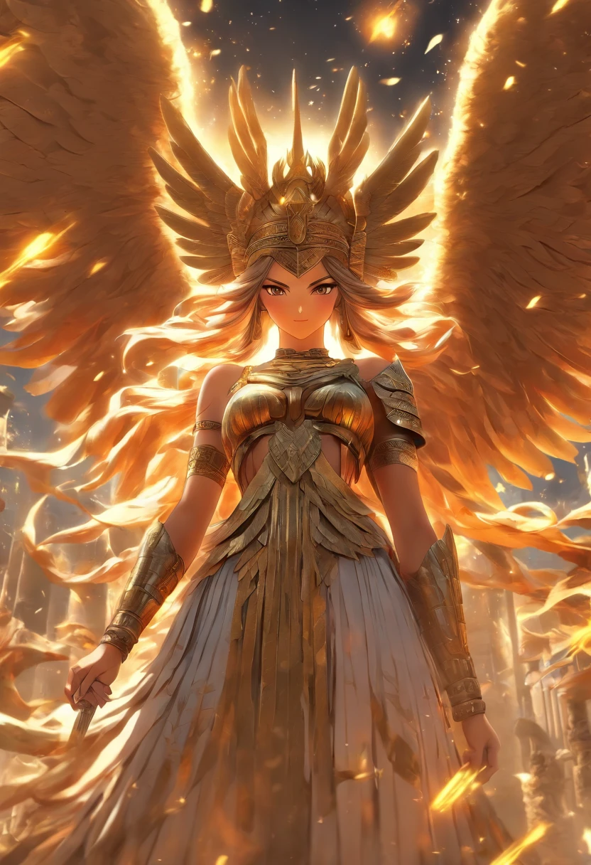 (((INANA))) best quality, ultra-high resolution, 4K detailed CG, masterpiece, The Goddess of WAR ,wings, Sumerian clothing, Sumerian mythology, ((STANDING POSE)), Sumerian painting, aesthetic, centered on screen