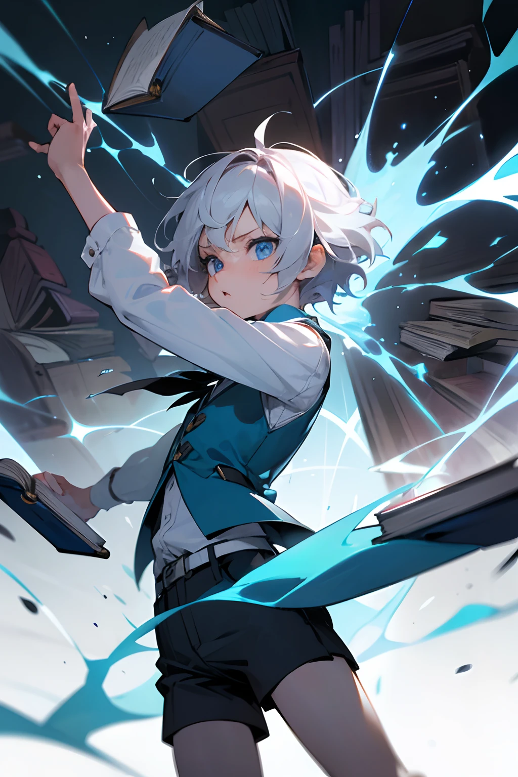 silber hair,blue eyess,short-haired,Having a book,bookcase,ren,Cute,fleeting,The shirt,vests,Short pants,gotik,Male child,attacking magic,Ice Magic,twinsies,long-sleeve,Sing a song,