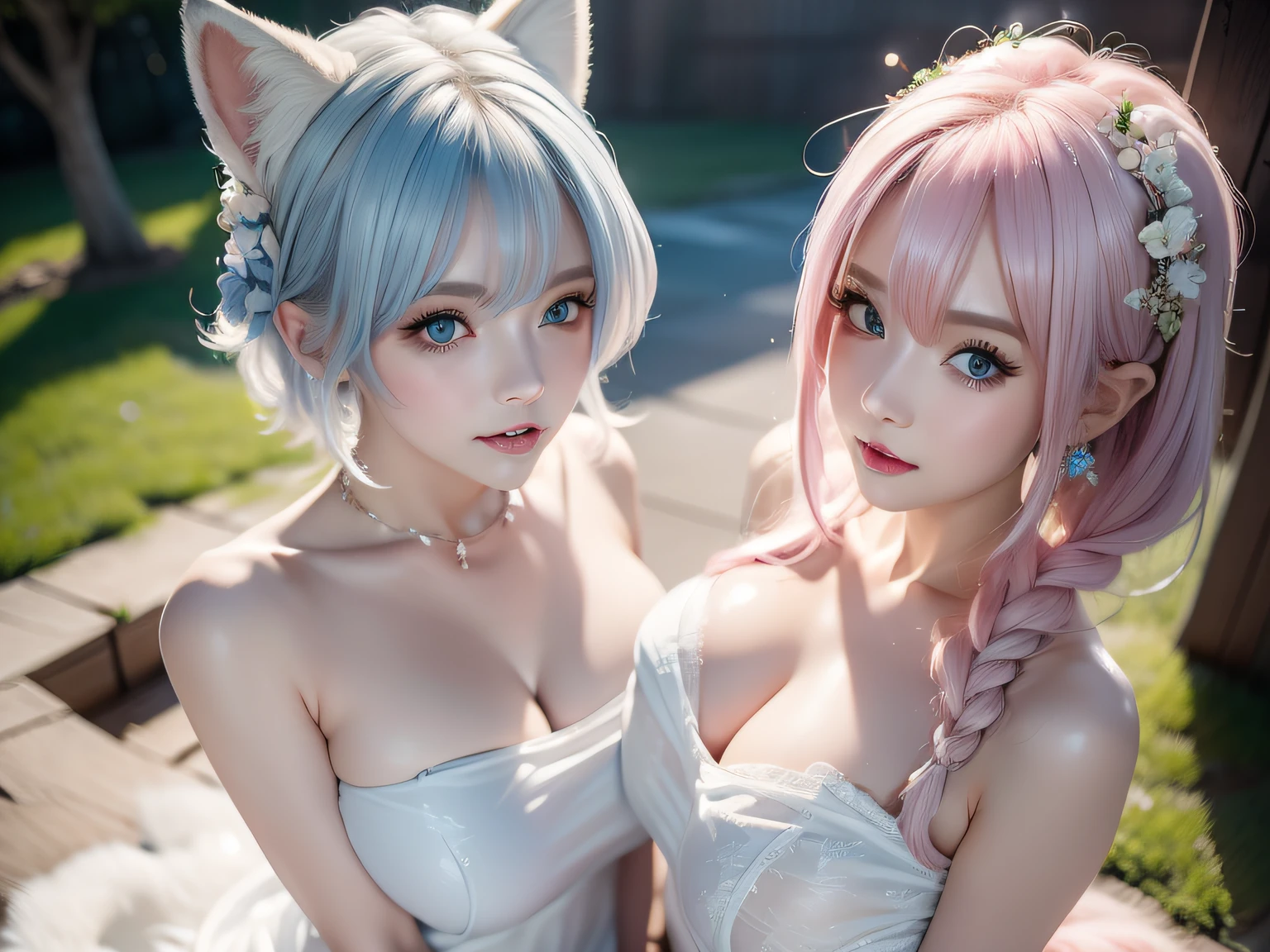 Full body, (Naked:1.5), Two Miss Fox Demons,Fox Devil Fox Years White Hair Girl,Sexy and feminine,Fluffy fox ears,fox tails,No ears,reddish tones,The beauty of fox ears alone,Cover chest,Clan Girl,Fox's eye,Enchanted,Charming,16 K, best qualtiy, tmasterpiece, Raised sexy, Highly detailed face and eyes, professional make up,blue eyess ,, glow blue eyes,Pink-haired girl with fox ears、Camera angle from above、Looking here、Beautiful ,