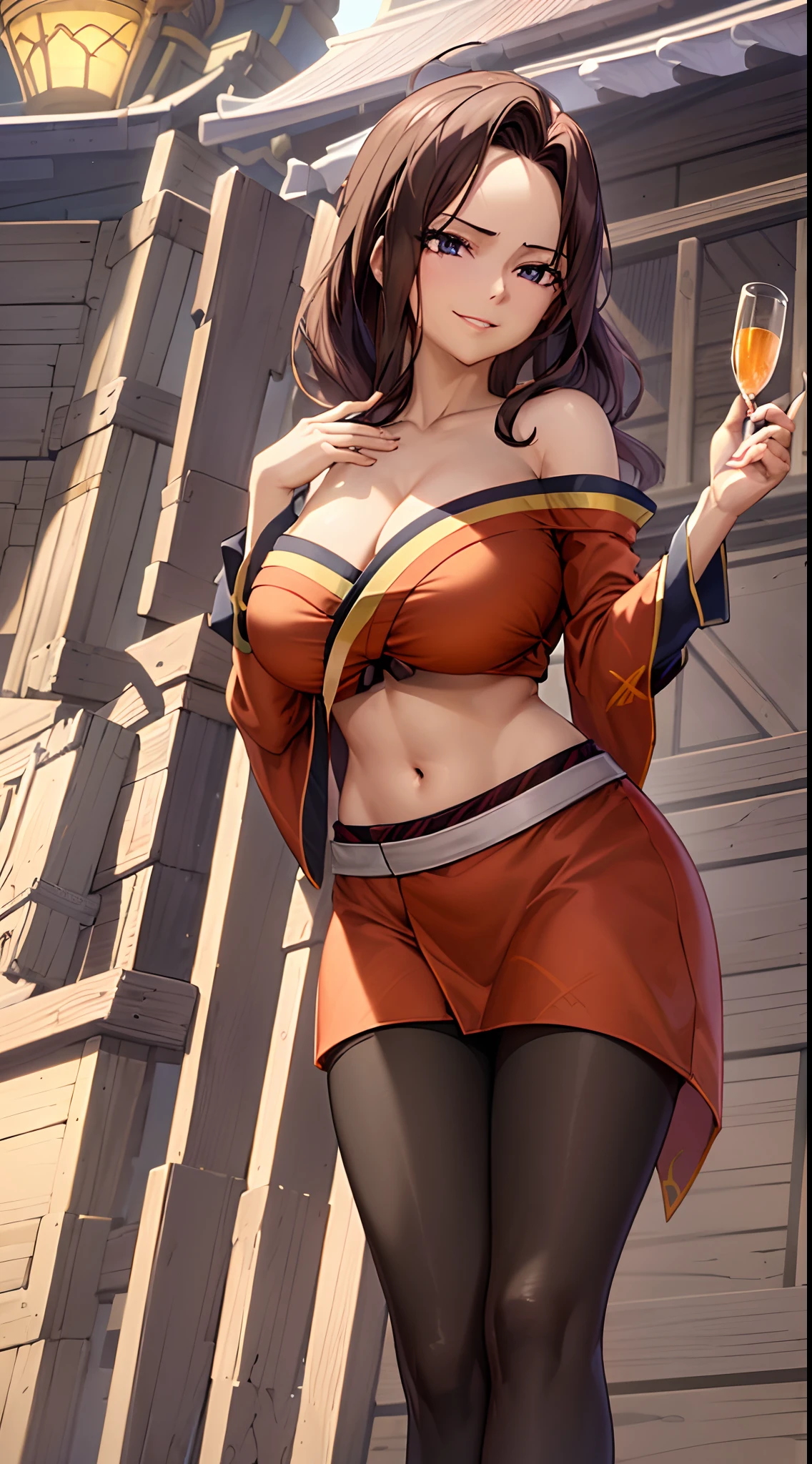 masterpiece, high quality, 8k, best qualitymasterpiece, cinematic lighting, in front of the temple, wear a kimono, off shoulder,cleavage, big boobs, extremely detailed CG unity 8k wallpaper, canarnd, 1girl, mature female,smile, parted lips, looking at viewer,