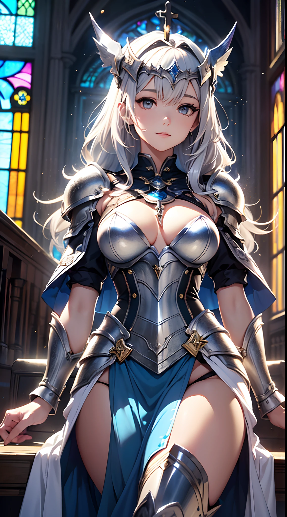 (Official art、Best Quality、Unity 8k Wallpapers、32K、masterpiece、ultra-detailliert、超A high resolution、realisitic、Photorealsitic:1.2)、(Cinematic lighting:1.2)、Fireglow effect、film grains、Best Shadows、Rim lighting、side lights、sideshot、(Ultra-detailed and complex 3D rendering)、Detailed beautiful face and eyes、Sharp pupils、Realistic pupils、A slender、1Man Woman、Medium bust、(Full body:1.2)、 beauitful face、-yeld beiful girl、(super detailed skin、detailed skin textures:1.3)、(silver blond、Blue-silver hair:1.3)、Paladin、Longhaire、Blunt bangs、Gray eyes、3 braids in 1 bunch、(Blue Armor、Blue Boots、Blue helmet、Jeweled、Gold embroidery)、A slender、Maxi skirt、(thighs thighs thighs thighs:0.8)、(chies、in a house、Artistic stained glass、Large pipe organ、crosses、Hello Point、Mystical、Particles of light、solemnity、Sunlight is、colourfull、Fantastical:1.2)、(Fantastical:1.3)、(Carrying a silver sword:1.3)、(Looking away、looking distantly:1.3)、Fantastical、Gentle smile、I opened my mouth a little、