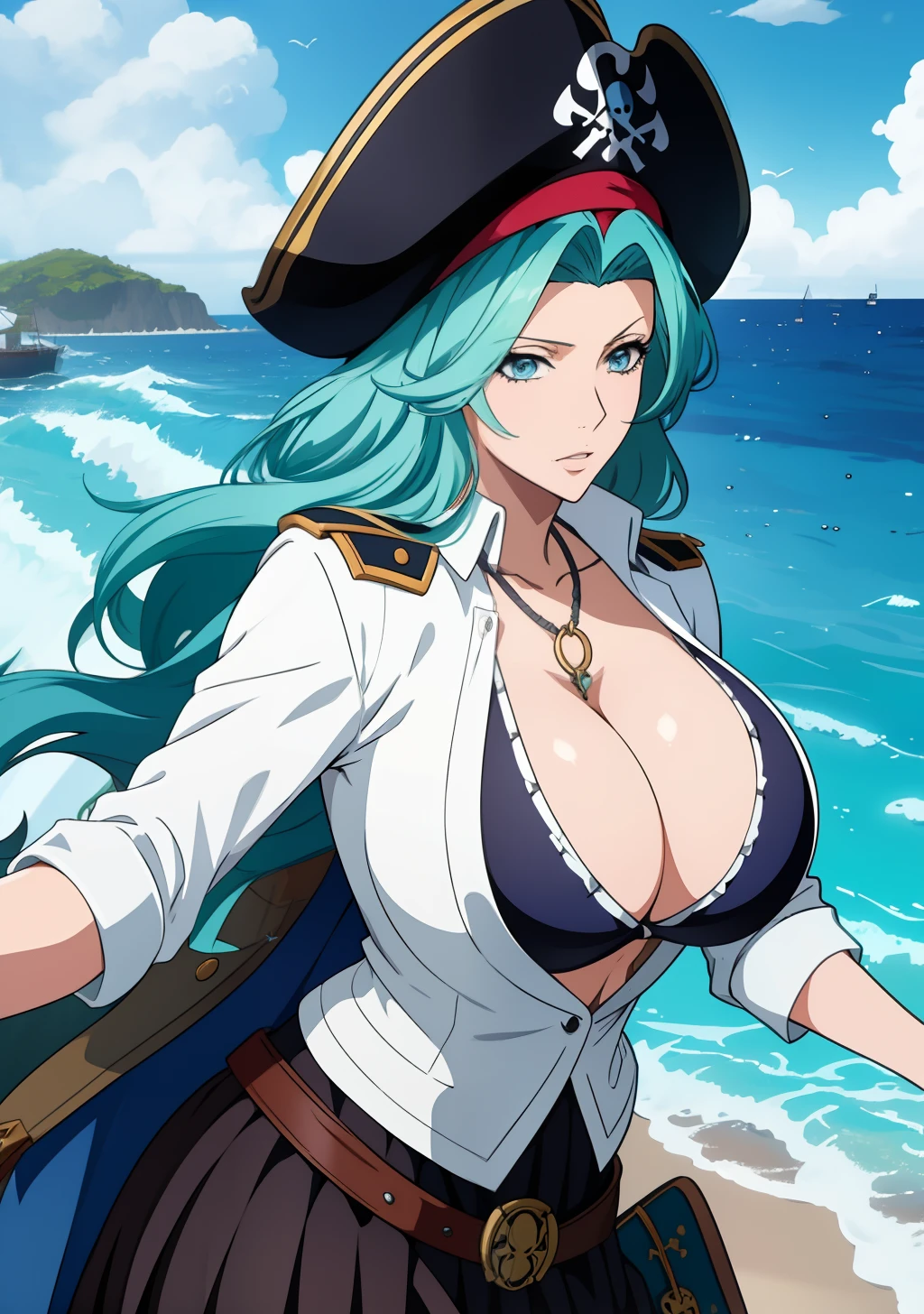 Big tits, shirt, 1girl, aqua hair color, blue eyes, pirates coat, pirates hat, cleavage, intrincate details, detailed, masterpiece, skirt, best quality, 4K, Hdr, sea, on the water, wave, ship, crossing hands