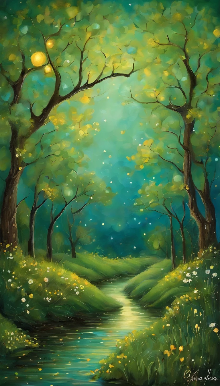 starrysky,themoon,kosmos,The color contrast is strong,heal,Gorgeous fireworks,(Face to face),Lonely and brilliant,Calm and powerful,Forest edge,(Sheep and foxes)(intimacy),warm breeze,Dappled tree shadows,Tender eyes,glowworm,Babbling Creek,blue butterflies,The moon falls, The crescent moon falls into the well of loneliness,fragmented,bit by bit,There are flowers in dreams, Green meadow in dreams,Long hair causes ripples,Shirabe Shiiso,(glowworm)(Shining stars),(Starcloud),(nighttime scene),(Inspired by Van Gogh:1.3),(Van Gogh starry sky painting style:1.3),OilPaintStyle,8k wallpaper,light and shadow effect,Tyndall,rendering by octane,White balance,Unreal 5,Extremely detailed picture,depth of fields,tmasterpiece,realisticlying,Ray