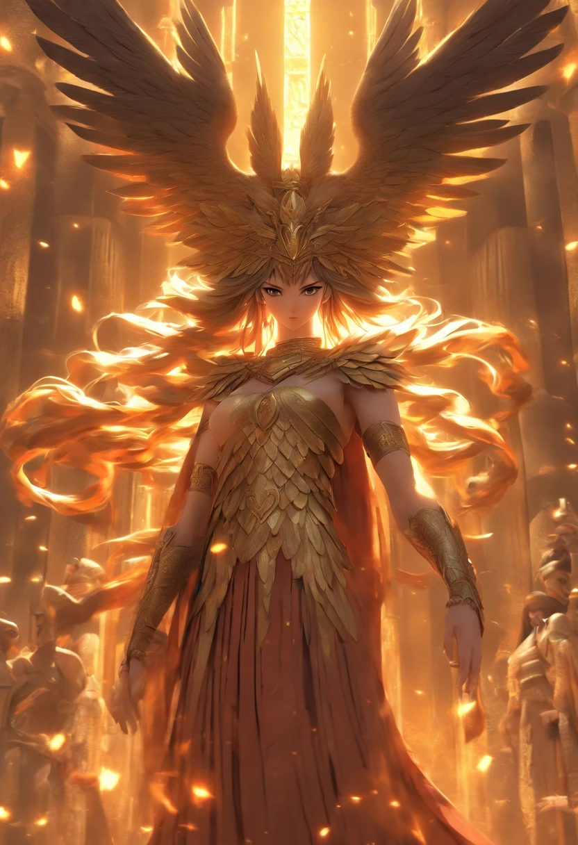 (((INANA))) best quality, ultra-high resolution, 4K detailed CG, masterpiece, The Goddess of WAR ,Harpy Mythology, Sumerian clothing, Sumerian mythology, ((STANDING POSE)), Sumerian painting, aesthetics, centered on the screen