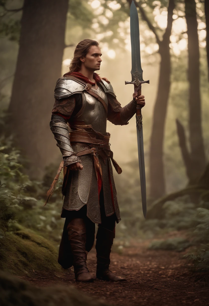 (a warrior with a sword set in magical and fantasy MMORPG video games, ultra-realistic, film grain, cinematic color grading, detailed face, dramatic lighting)