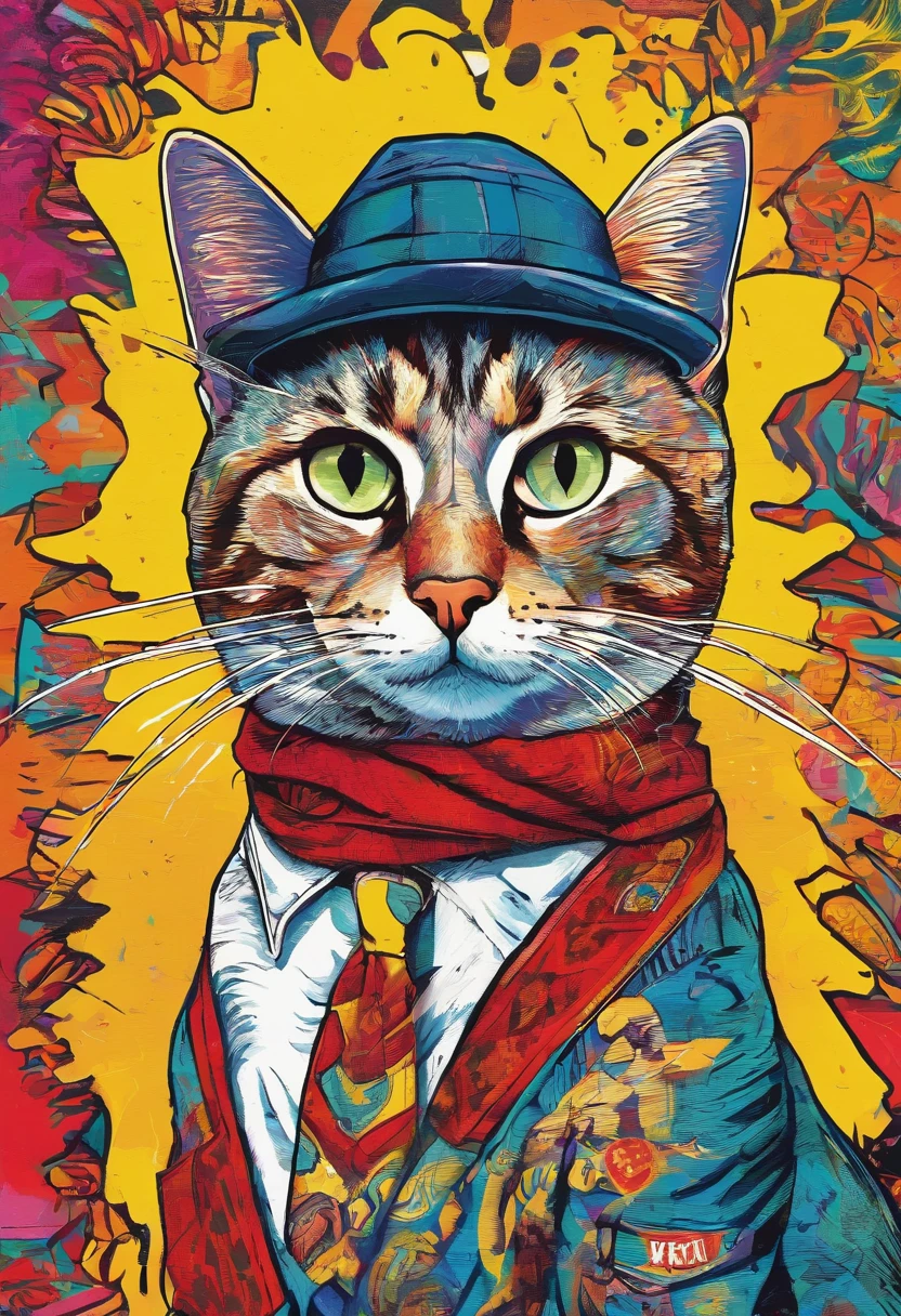 a painting of a cat wearing a hat and scarf, trending in the art station, dressed in punk clothes, detailed hyper realistic rendering, british gang member, street style, intimidating pose, planet of the cats, clothes with fashion, urban samurai, meow, west slavic features, 8 1 5, animations