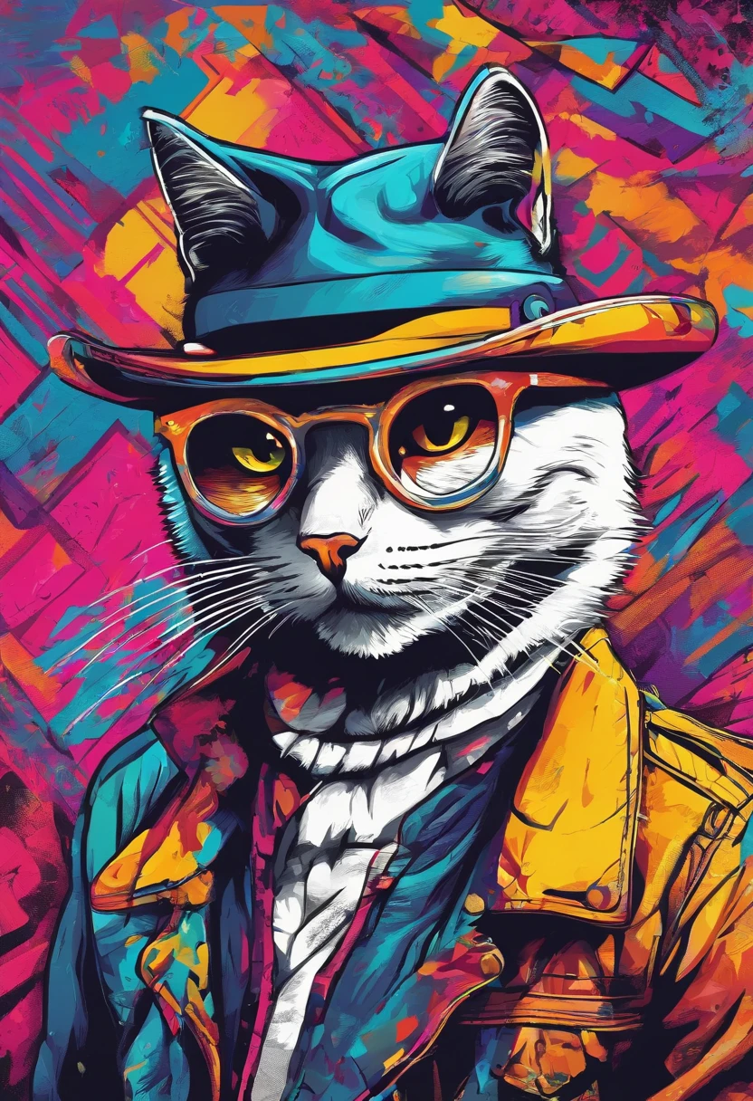 A colorful anthropomorphic leopard in a bright suit, pink sunglasses, an orange hat and a pearl necklace around his neck sits at a table, smoking a cigar and drinking coffee from a cup.<flux.1_lora_ink-dynamic.safetensors:1.2:1.2>