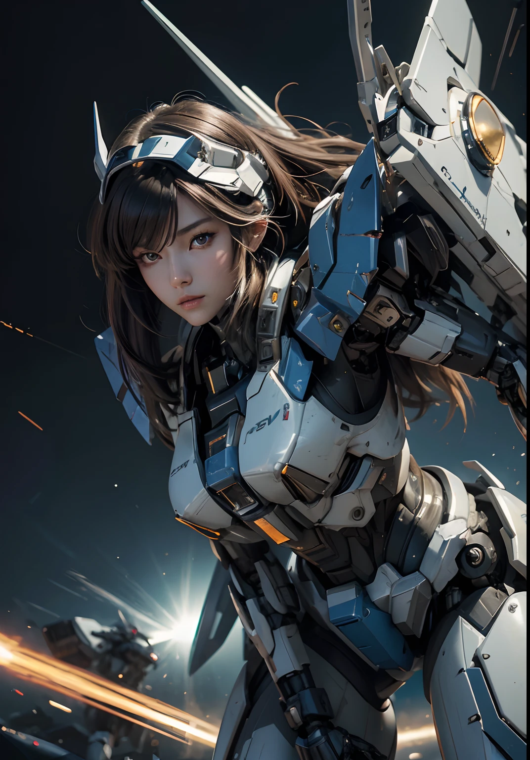 Textured skin, Super Detail, high details, High quality, Best Quality, hight resolution, 1080p, hard disk, Beautiful,(Gundam),beautiful cyborg woman,Mecha Cyborg Girl,Battle Mode,Girl with a Mecha Body,She wears a futuristic Gundam mecha,Fulll body Shot