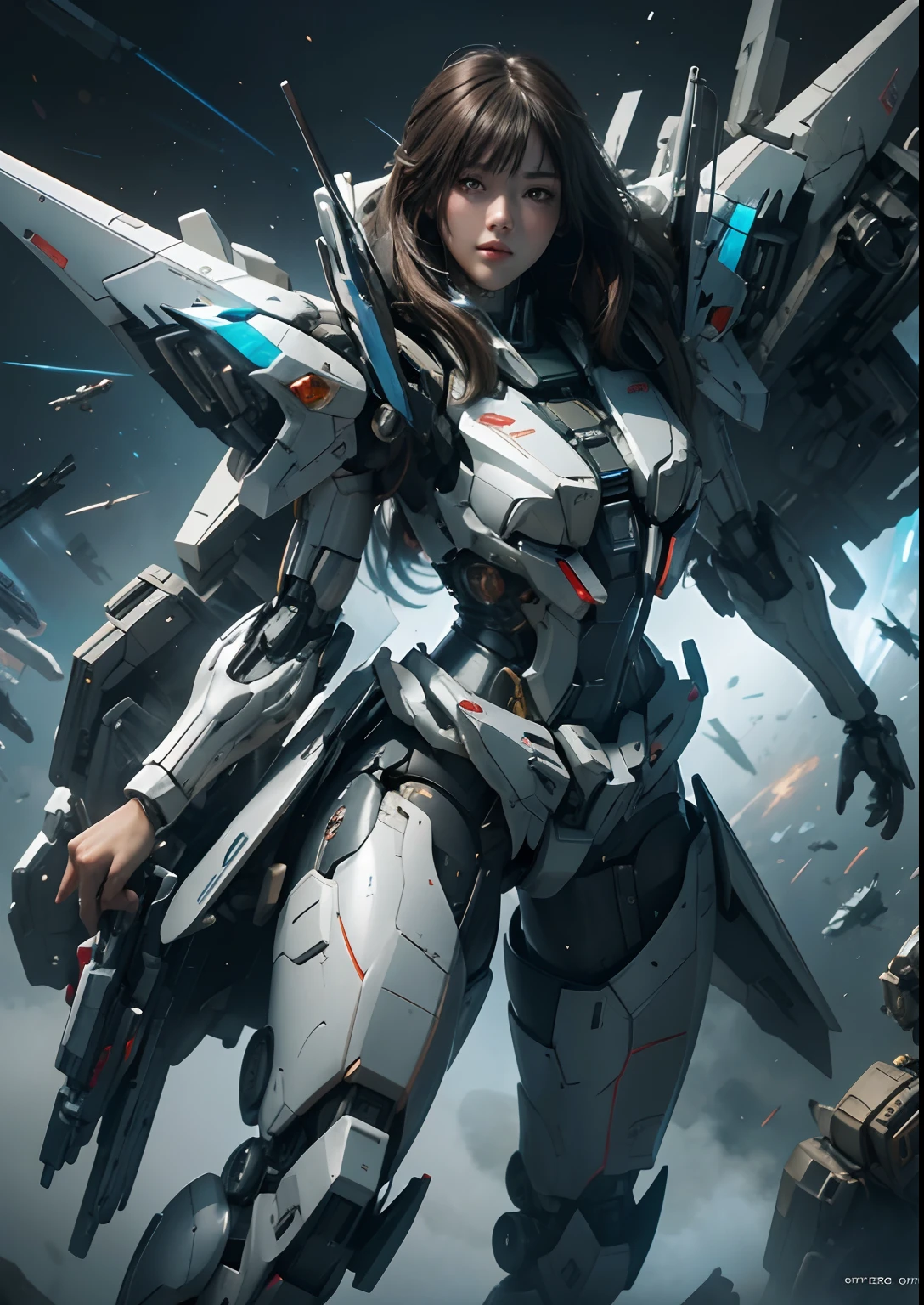 Textured skin, Super Detail, high details, High quality, Best Quality, hight resolution, 1080p, hard disk, Beautiful,(Gundam),beautiful cyborg woman,Mecha Cyborg Girl,Battle Mode,Girl with a Mecha Body,She wears a futuristic Gundam mecha,Fulll body Shot