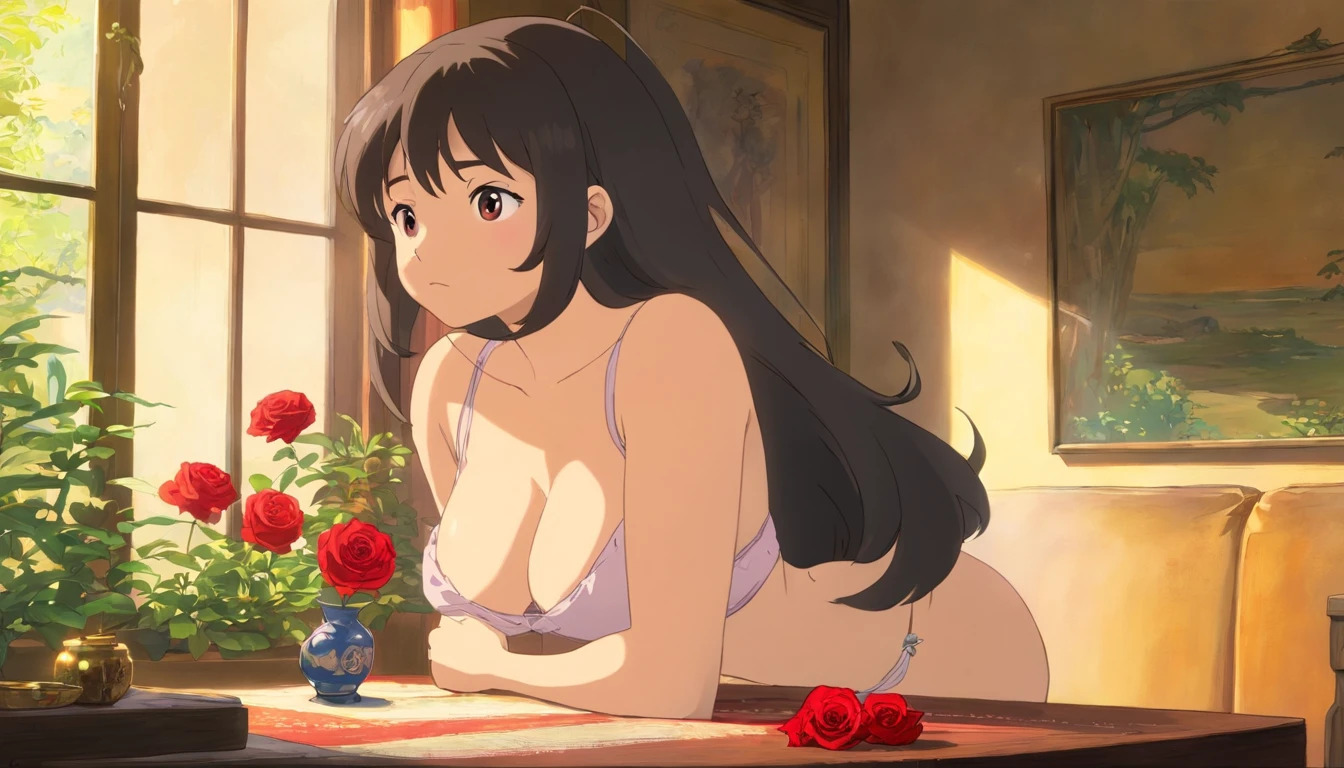 woman,black hairy,big boobs,detailed face and body,thoughful, in a room, wind blow the curtains softly, soft lighting,grainy texture, she's looking at the rose vase on the table, sunlight through the window to her eyes, beautiful eyes, red lips, in bikini, big butts.