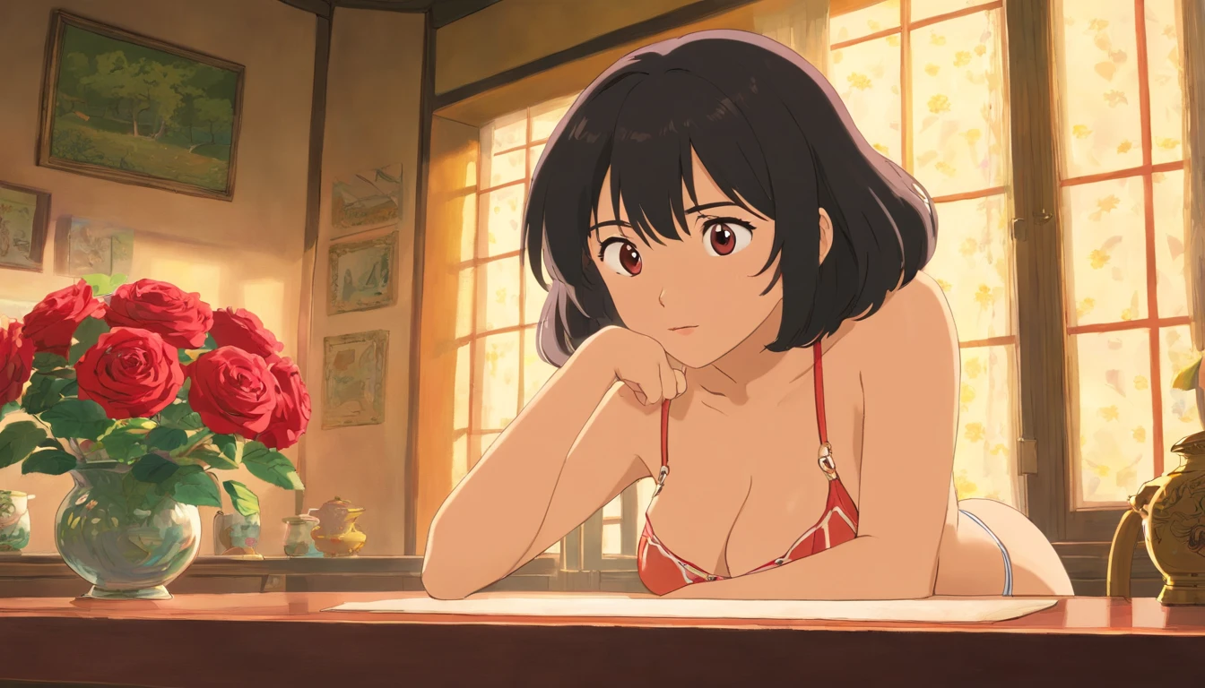woman,black hairy,big boobs,detailed face and body,thoughful, in a room, wind blow the curtains softly, soft lighting,grainy texture, she's looking at the rose vase on the table, sunlight through the window to her eyes, beautiful eyes, red lips, in bikini, big butts.