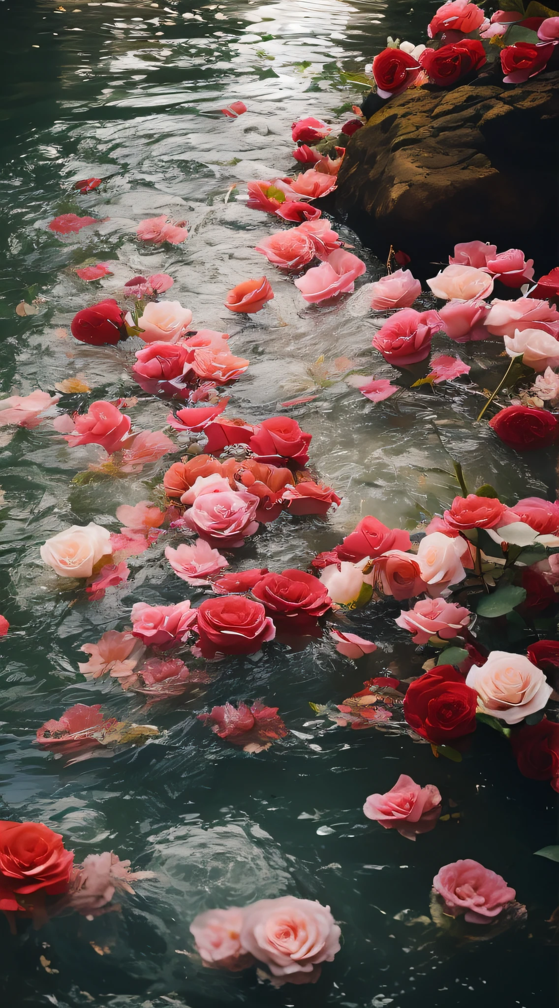 Flowers floating in the river,There are rocks and water, rosette, rosses, laying on roses, Inspired by Elsa Bleda, roses in cinematic light, pink water in a large bath, rose petals, beautiful aesthetic, Beautiful and aesthetic, nature and floral aesthetics, floating bouquets, exploding roses, Beautiful flowers, Beautiful nature, a few roses, author:Anna Heifesch