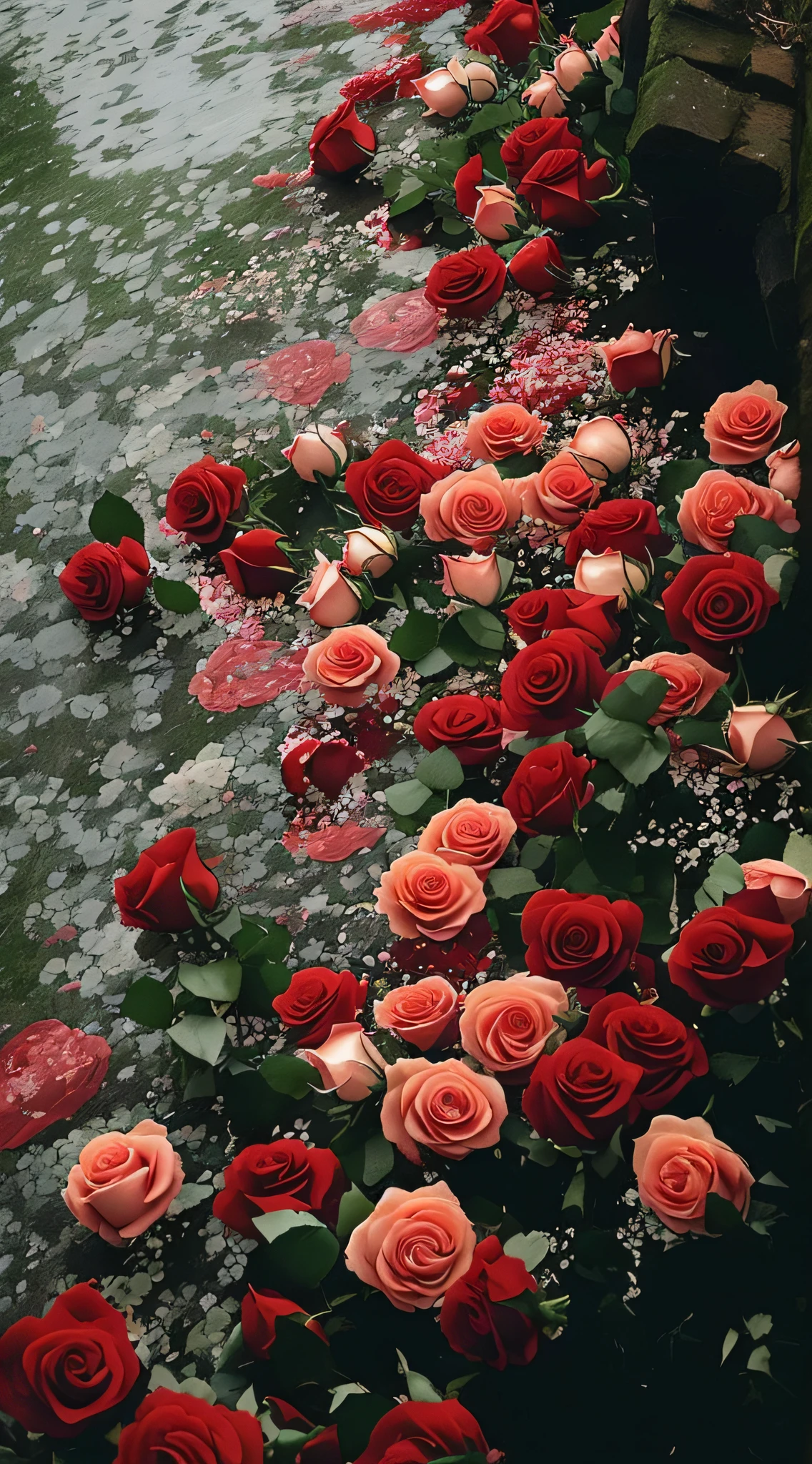 There are many red roses floating on the ground, rosette, rosses, Red roses, laying on roses, a few roses, floating bouquets, rose background, rose petals, small red roses, celestial red flowers vibe, roses in cinematic light, Red flowers, Beautiful flowers, exploding roses, red flowers of different types, Beautiful nature, Roses and tulips