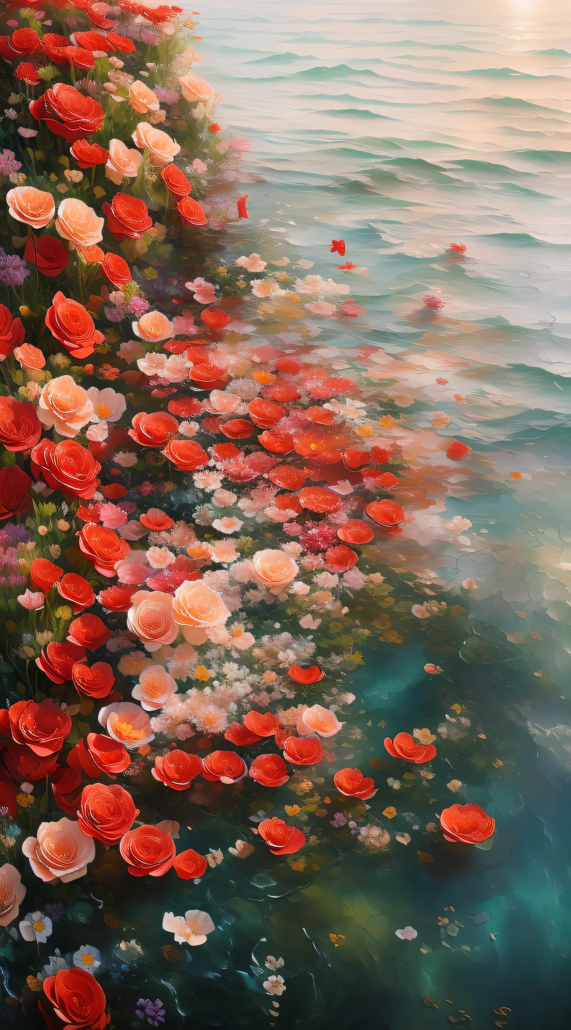 Flowers float in the water near the cliffs, flowers sea everywhere, exploding roses, flowers sea rainning everywhere, alexey egorov, realistic flowers oil painting, eric zener aykut aydogdu, Beeple e James Jean, Beautiful nature, hyperrealism painting, roses in cinematic light, author：Shen Zhecai, photorealism oil painting