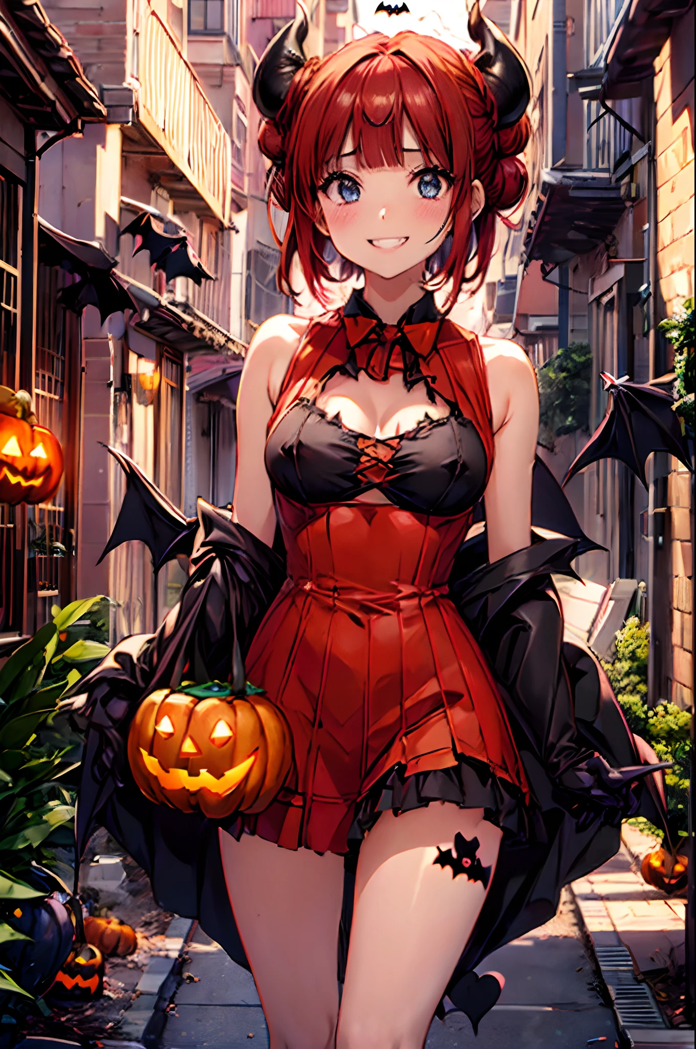 (masterpiece:1.3), (Best Quality:1.3),
1 Beautiful 7 Year Old Girl,Solo,(kawaii:2),(Chibi:0.8),(Cute 1.5),(Lori:2),BREAK,(Red hair, short-hair,2 hair buns,Blunt bangs:1.4),(:d,grin:1.3),{Heterochromia,pale blue eyes,pale green eyes, Eye Highlights,The first hyperfine stars:1.5},star eye silhouette,(long eyelashes, Double eyelids:1.2),(de pele branca),BREAK,Clear skin,Beautiful skin, BREAK,
BREAK
(T-shirt:1.2),cleavage,(Heart-shaped cutout:1.2),
(666,Devil Costume, Halloween Costume:1.8),
break
outdoors,Japanese houses,entranceway,High Fence,tile roof,Large wooden gate,
BREAK
(full body:1.2),
,BREAK, Professional Lighting, Physically-based rendering,depth of fields,BREAK, wakame,wakame,wakame,(Highly detailed CG Unity 8k wallpaper), (Best Quality, Very detailed, Colorful, Highest detail), (Best Illustration), (Best Shadow), POV, Realistic lighting and shading, Natural light, Lens flare effect,absurderes, absolutely resolution, unbelievable Ridiculous, hight resolution, ultra-detailliert, Official art, Unity 8k壁纸, Kinetic Typography Break, (1girl in, Solo:1.4), Dynamic Poses,