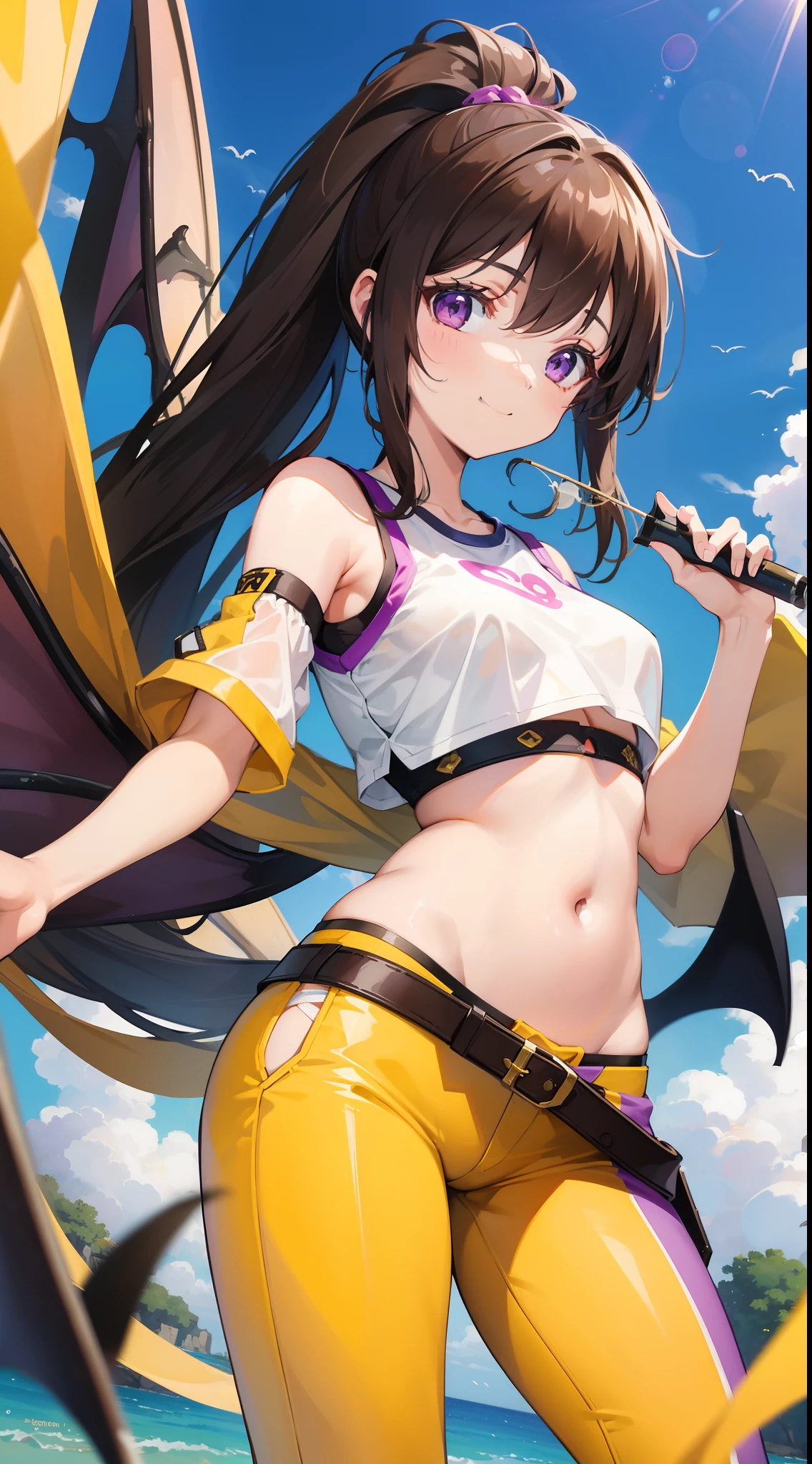 young girl, Long brown hair, high ponytail, yellow and purple eyes, white tight top, open belly, open breasts, fishing net, tight purple pants, Bat wings, Smile, Masterpiece, hiquality, 4k, HD, Good detail