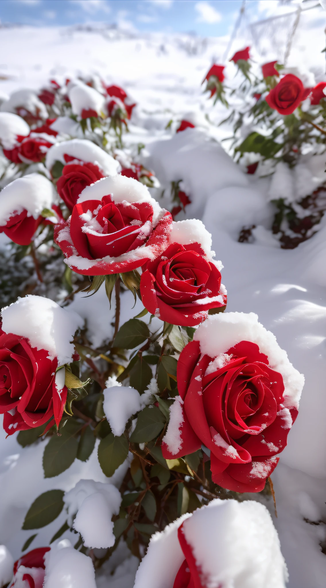 on a bright day,There are many red roses covered in snow, with snow covered colourful red, Red roses, of red and white colors, rosette, rosses, white and red roses, with frozen flowers around her, red blooming flowers, red roses at the top, Red and white, roses in cinematic light, small red roses, alexey egorov, Covered with snow