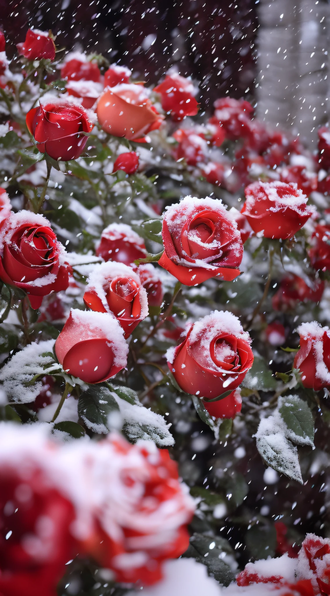 There are many red roses covered in snow in the bush, with snow covered colourful red, exploding roses, with frozen flowers around her, Red roses, nevando, rosette, rosses, white and red roses, roses in cinematic light, Incredibly realistic, snowfall, Gentle snow, during snowfall, small red roses, very beautiful photograph of, big breasts beautiful, Beautiful nature, snowfall