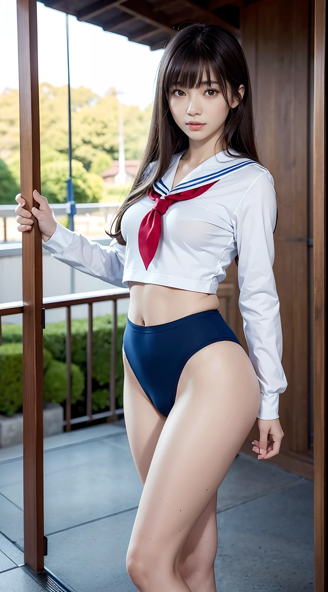 (​masterpiece:1.3), (8K, Photorealsitic, Raw photography, Top image quality: 1.4), japanes, (1girl in), beauitful face, (Lifelike face), Beautiful hairstyle, realisticeyes, Eyes in Beautiful Details, (real looking skin), Beautiful skins, enticing, 超A high resolution, A hyper-realistic, high detailing, the golden ratio, (Detal Face:1.2), see the beholder,masutepiece, Best Quality, Ultra-detailed, finely detail, hight resolution, Composition of the whole body、Open Legs Pose、Bold legs open、Beautiful detailed eyes, fitness wear, Natural Color Lip,Photorealsitic、realisitic、独奏、Photorealsitic、top-quality、extra detailed face、extremely detailed eye and face、beatiful detailed eyes、absurderes、incredibly absurdness、hair messy、Floating hair、Brown hair、Wavy hairstyle、Middle hair、(extremely details CG、8K Picture Wallpaper)、(extremely delicate and beautiful)、(​masterpiece)、(top-quality:1.0)、(超A high resolution:1.0)、beautiful  lighting、perfect lightning bolt、realistic shadow、[hight resolution]、Detailed skin、ultra-detailliert、detailed faces and eyes、Realistic eyes、Sharp pupils、beauitful face、plein air、Downtown Japan、In the hustle and bustle、blurry backround、shinny skin、Blunt bangs、Red Eye、(Sailor Suit 1.2)、Sailor suits have long sleeves、Super high quality photos, The 8k quality, Outdoors, Full body composition, looking in camera, Japan 20-year-old woman, Perfect beauty, Pore-visible texture, Perfect facial features, clear bare skin, clear bare skin, Beautiful toned body, muscular, slender, Poor breasts, Toned buttocks with small breasts、small ass、 Bloomers (Bloomers in Japan School, Seamless design, Monochromatic bloomers, Bloomers are dark blue, tight fitted、Bloomers are elastic fabrics、The length of the bloomer is from the navel３ｃｍThe following degrees, )Legs wide open、、deadpan、(Face turned to the side、)