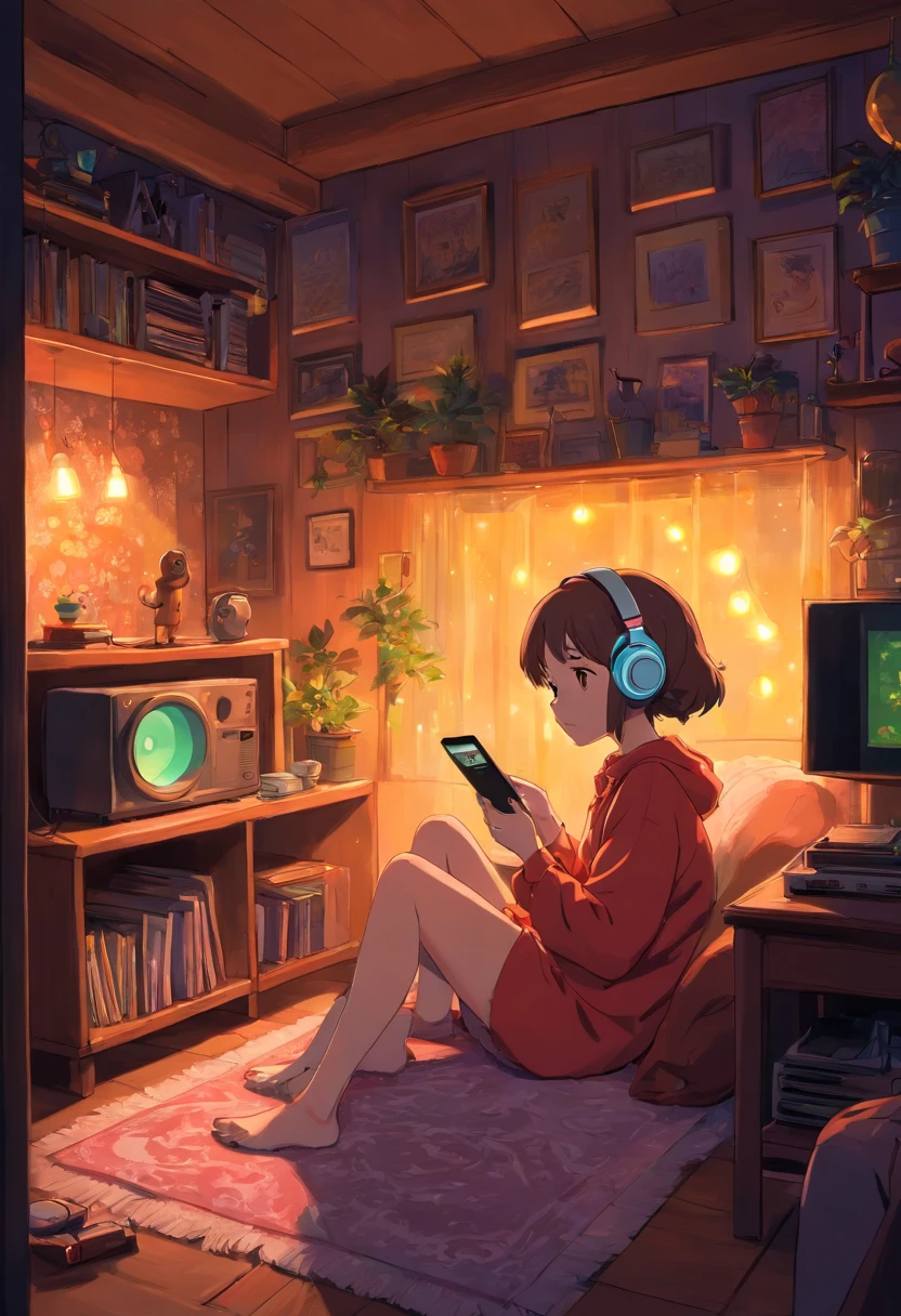Girl listening to music in a cozy room at night, Usando fones de ouvido, Anime estilo 2D, Lo-fi, disco Rigido, Ambiente escuro