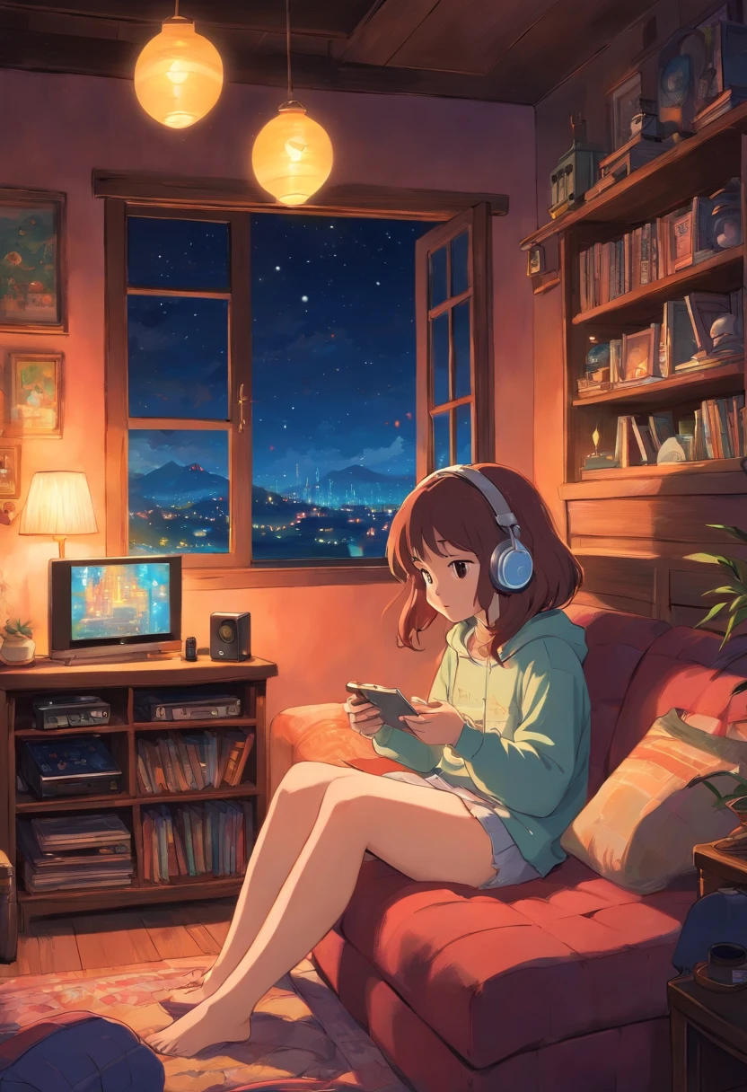 Girl listening to music in a cozy room at night, Usando fones de ouvido, Anime estilo 2D, Lo-fi, disco Rigido, Ambiente escuro