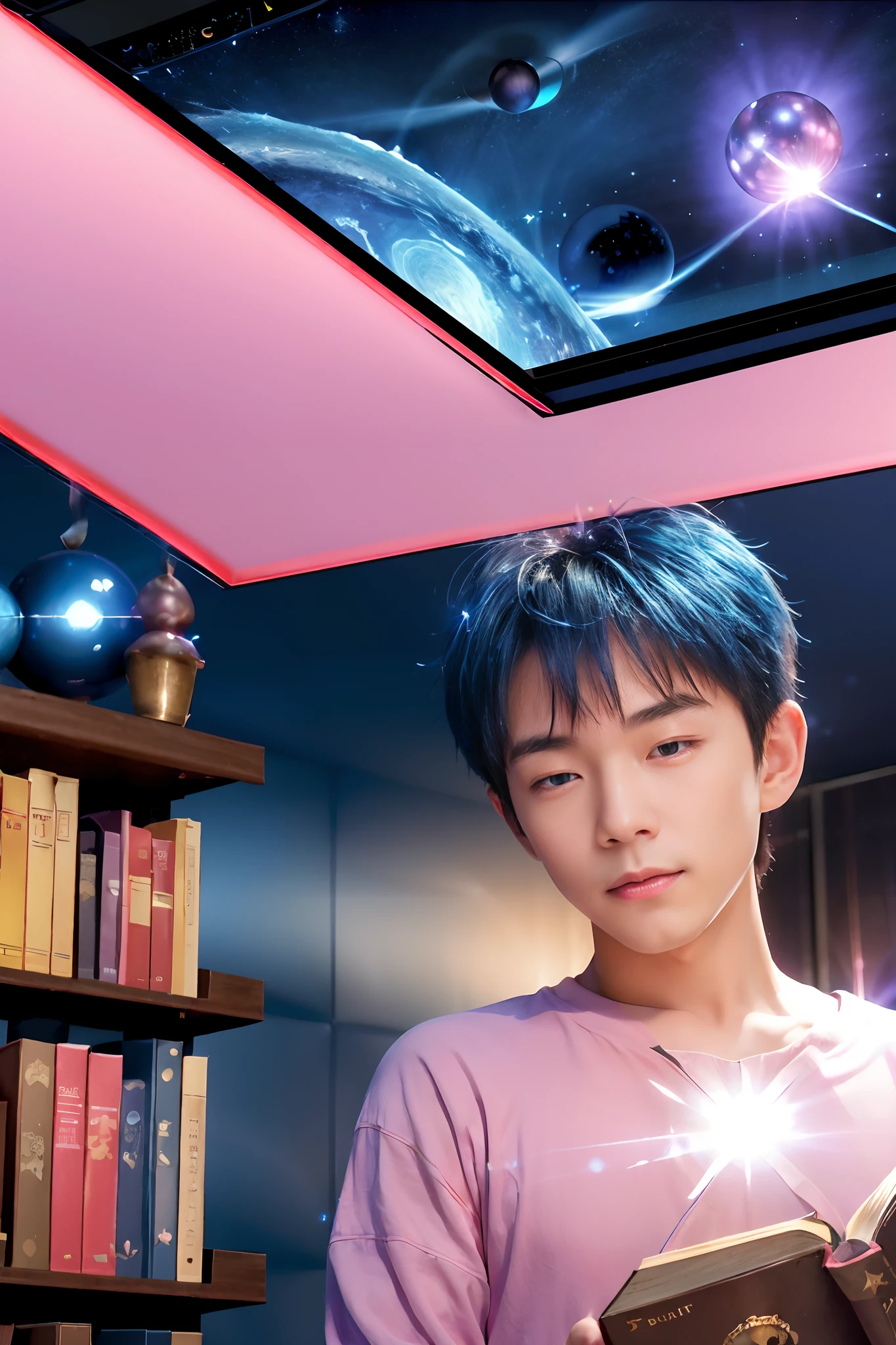 (in 8K, Best Quality, masutepiece:1.2, ultra-detailliert:1.2), (Realistic:1.5,photorealistic:1.2,Dutch Angle:1.2, NSFW), hight resolution, Best lighting,Best shadow, (1 boy:1.3),(17yo:1.2),(((1 Very shiny little blue magic ball with pink aura floating in the palm of your hand:1.8,Palm facing up:1.8))),((brown hair with ribbon:1.5,very short hair:1.2)),Face Focus,(((Detailed black eyes:1.6,best hand:1.5,Best fingers:1.5,The best body:1.5))),
BREAK
, magical boy, Manipulation of light,
BREAK
, photo manipulation, Changed reality, fantastical scenes, Digital Artistry, (((Magic Workshop:1.2,one bookshelves:1.2,dimly glowing book:1.5,entire ceiling and walls are a planetarium:1.8))),
BREAK
, Cinematic works, dynamic motion, Engineering ingenuity, Captivating visuals