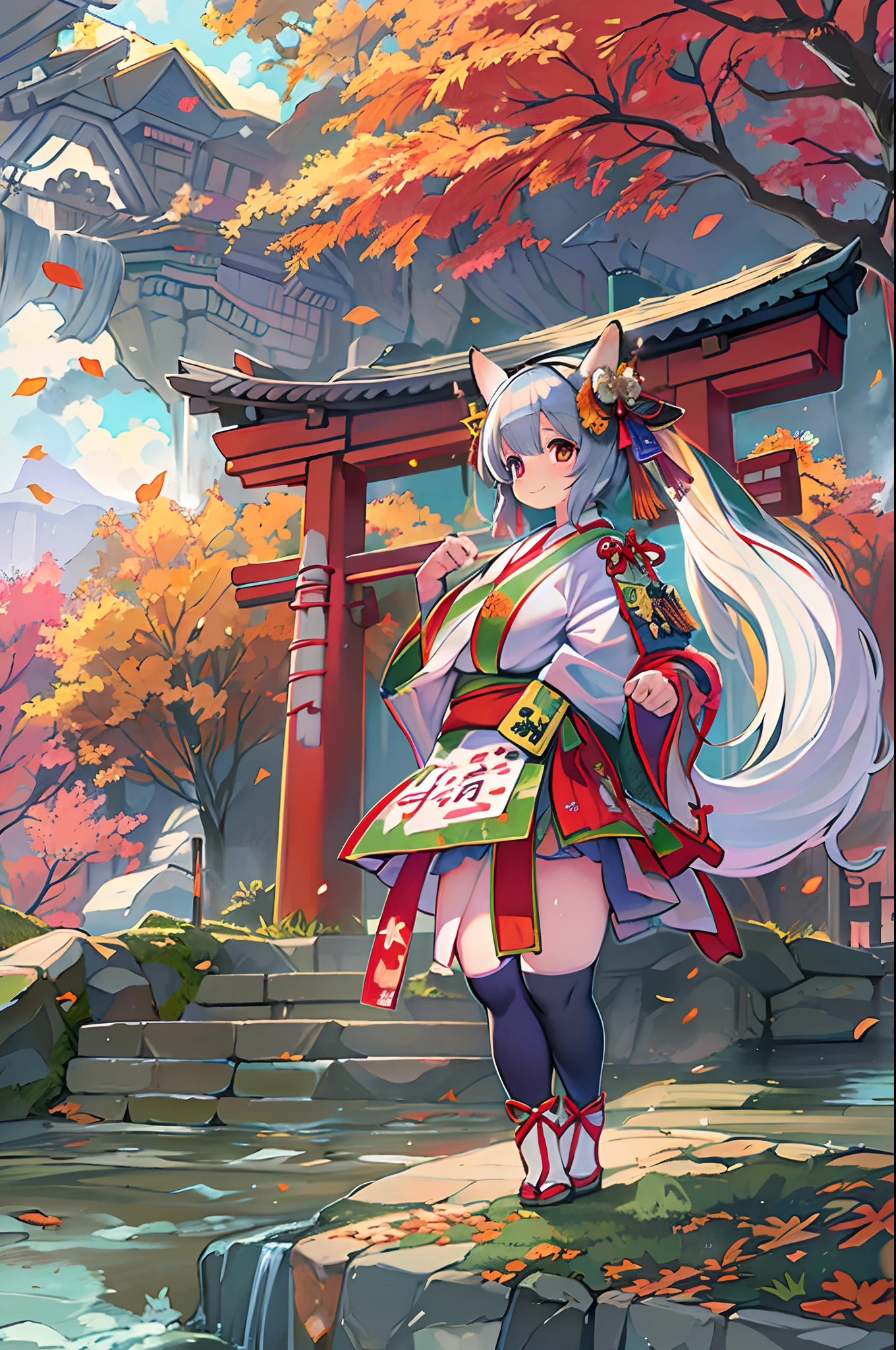 Fox Woman、body covered with fur、huge-breasted、kawaii、shrine maiden、Japan white clothes,Red Hakama、torii gate,((High Position))、A big smile、bbw、thick thight、big butts、Ultramammy,Chibi,Nanachi, autumn day,kaede、 Pines, Anime Background Art, japanese art style, beautiful anime scene, detailed scenery - width 672, Background art, Anime landscapes, Anime Background, Beautiful anime scenery, Beautiful peace scenes in anime, landscape artwork, Japan Village, Anime landscape concept art, 8K))、a lot of fallen leaves、Water twinkle、falls、Waterfall Basin、a river、Main shrine