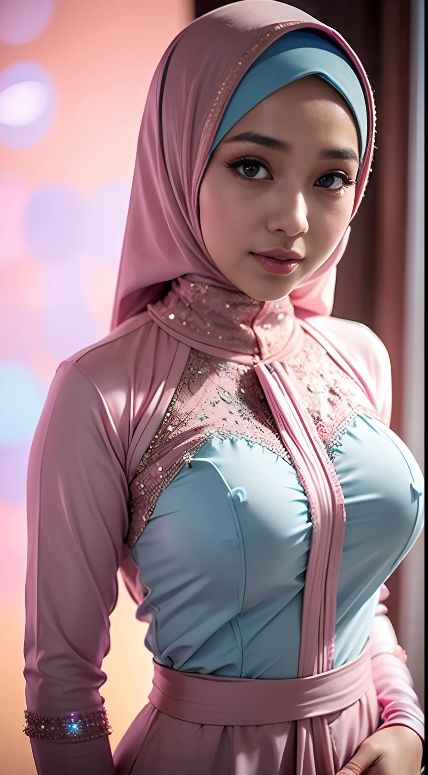 1 Malay girl, modern plain hijab, shy, medium portrait, watery eyes, pink glowing particles, wearing kebaya covering the entire chest,pastel pink, (Standing:1.2),big breasts, pink light bokeh background, well-proportioned body,