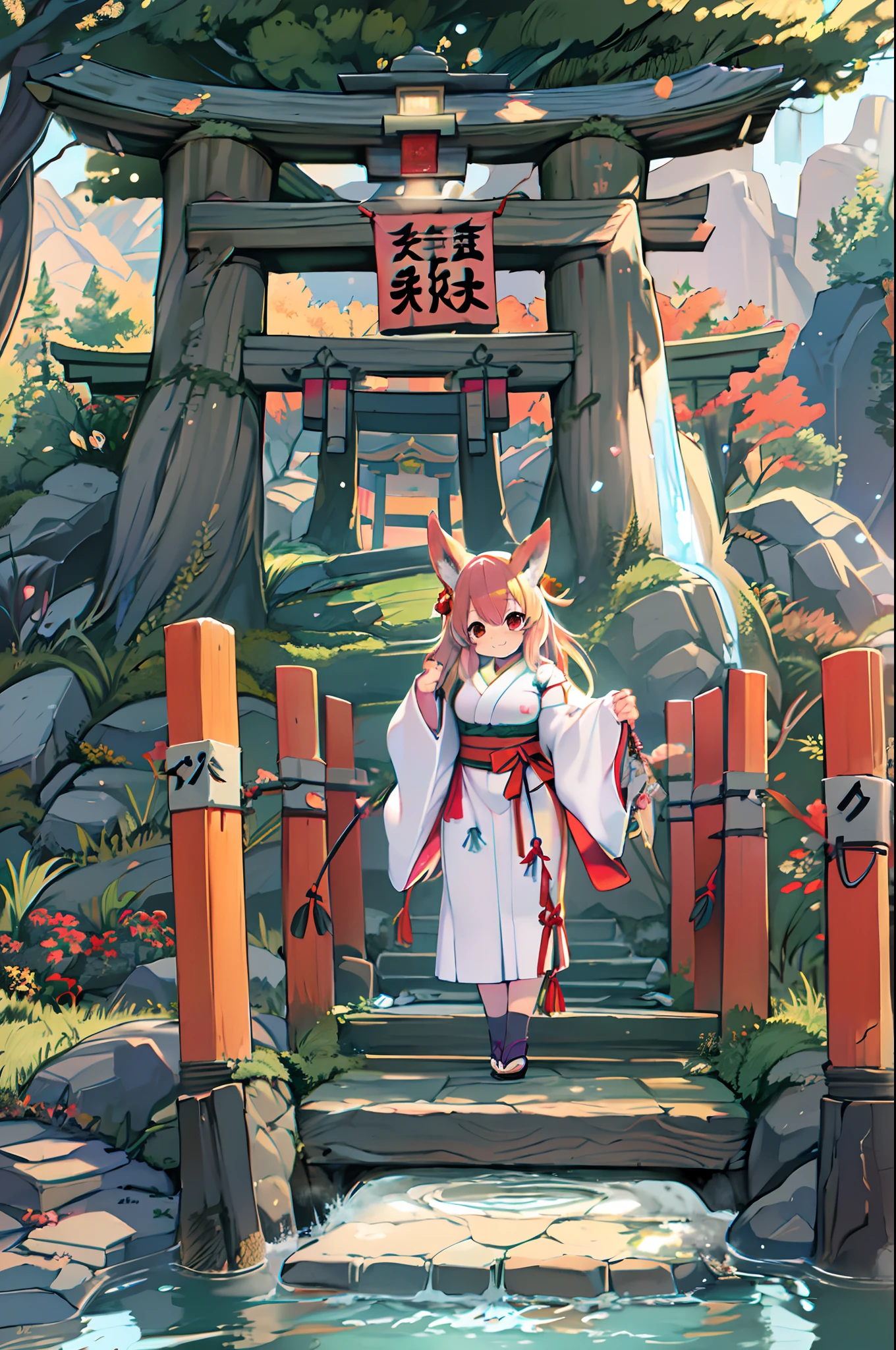 Fox Woman、body covered with fur、huge-breasted、kawaii、shrine maiden、Japan white clothes,Red Hakama、torii gate,((High Position))、A big smile、bbw、thick thight、big butts、Ultramammy,Chibi,Nanachi, autumn day,kaede、 Pines, Anime Background Art, japanese art style, beautiful anime scene, detailed scenery - width 672, Background art, Anime landscapes, Anime Background, Beautiful anime scenery, Beautiful peace scenes in anime, landscape artwork, Japan Village, Anime landscape concept art, 8K))、a lot of fallen leaves、Water twinkle、falls、Waterfall Basin、a river、Main shrine