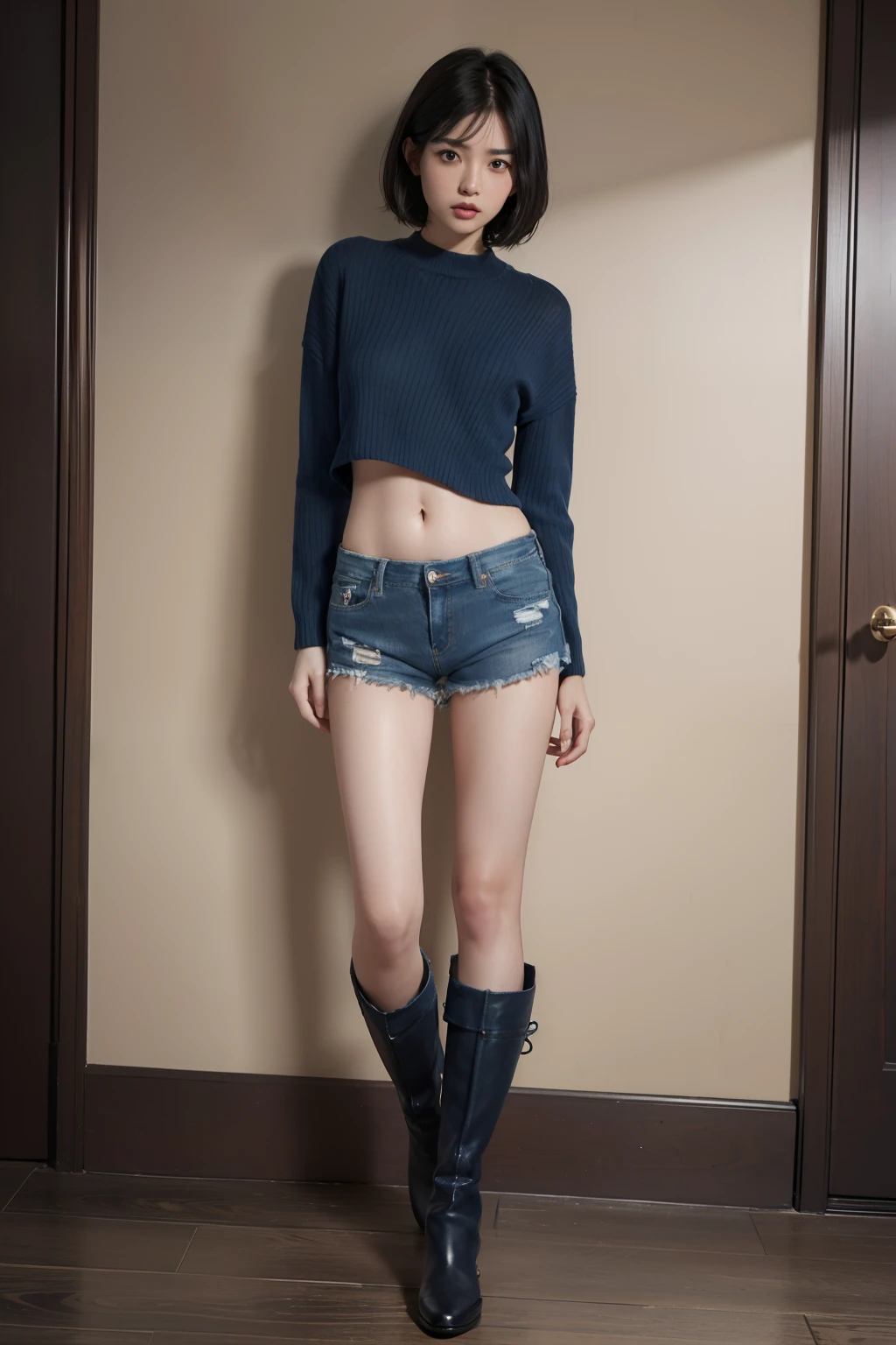 (masuter piece:1.3)、(8K、Photorealsitic、Raw photography、top-quality: 1.4)、(1girl in)、beautiful countenance、(Lifelike face)、(A dark-haired、short-hair:1.3)、
Beautiful hairstyle、realisticeyes、Beautiful details、（real looking skin）、Beautiful skins、absurderes、enticing、超A high resolution、A hyper-realistic、high-detail、the golden ratio、
((wide open abdomen))、((open abdomen))、((wide open navel))、((open navel))、((Mid-Riff Sweater))、((Ultra-low rise、Denim shorts))、
((Navel Ejection))、((small hips))、((Full body depiction))、((small  hip))、(Ultra-low rise))、((Denim shorts))、((is standing))、((boots))