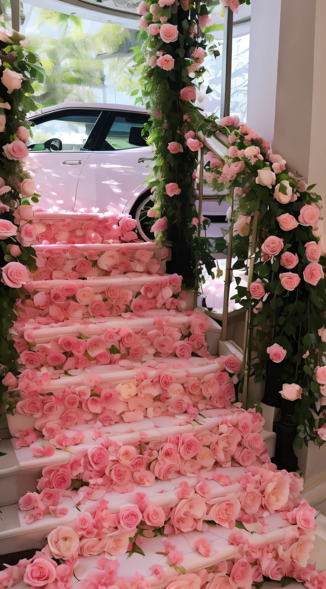 The Alafard staircase covers the building with pink and white roses, portal made of roses, floral decorations, beautiful aesthetic, pink arches, covered with flowers, Full of flowers, with soft pink colors, penrose stairs, floral environment, heaven pink, Pink flowers, beautiful aesthetic design, stairway to heaven, the flower tower, floral couture, more and more flowers