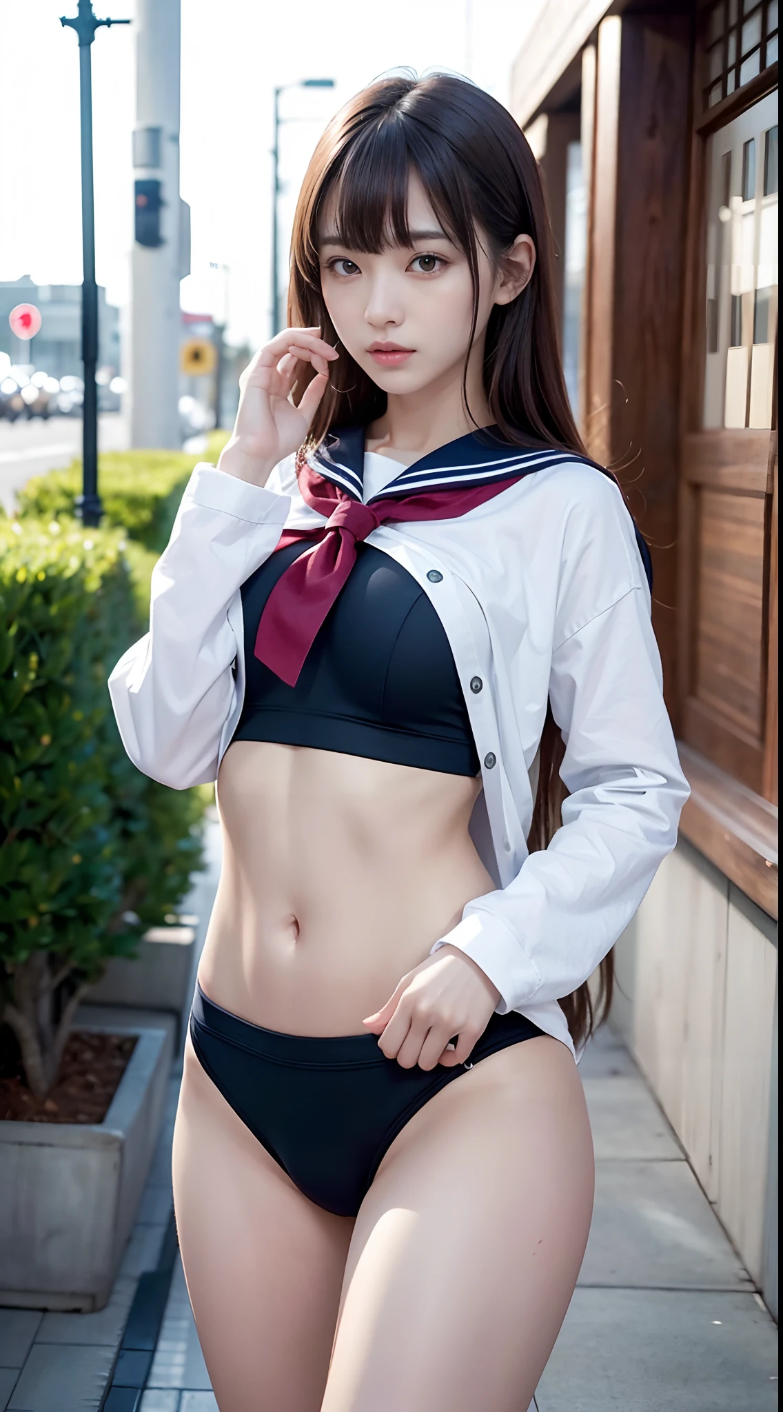 (​masterpiece:1.3), (8K, Photorealsitic, Raw photography, Top image quality: 1.4), japanes, (1girl in), beauitful face, (Lifelike face), Beautiful hairstyle, realisticeyes, Eyes in Beautiful Details, (real looking skin), Beautiful skins, enticing, 超A high resolution, A hyper-realistic, high detailing, the golden ratio, (Detal Face:1.2), see the beholder,masutepiece, Best Quality, Ultra-detailed, finely detail, hight resolution, Composition of the whole body、Open Legs Pose、Bold legs open、Beautiful detailed eyes, fitness wear, Natural Color Lip,Photorealsitic、realisitic、独奏、Photorealsitic、top-quality、extra detailed face、extremely detailed eye and face、beatiful detailed eyes、absurderes、incredibly absurdness、hair messy、Floating hair、Brown hair、Wavy hairstyle、Middle hair、(extremely details CG、8K Picture Wallpaper)、(extremely delicate and beautiful)、(​masterpiece)、(top-quality:1.0)、(超A high resolution:1.0)、beautiful  lighting、perfect lightning bolt、realistic shadow、[hight resolution]、Detailed skin、ultra-detailliert、detailed faces and eyes、Realistic eyes、Sharp pupils、beauitful face、plein air、Downtown Japan、In the hustle and bustle、blurry backround、shinny skin、Blunt bangs、Red Eye、(Sailor Suit 1.2)、Sailor suits have long sleeves、Super high quality photos, The 8k quality, Outdoors, Full body composition, looking in camera, Japan 20-year-old woman, Perfect beauty, Pore-visible texture, Perfect facial features, clear bare skin, clear bare skin, Beautiful toned body, muscular, slender, Poor breasts, Toned buttocks with small breasts、small ass、 Bloomers (Bloomers in Japan School, Seamless design, Monochromatic bloomers, Bloomers are dark blue, tight fitted、Bloomers are elastic fabrics、The length of the bloomer is from the navel３ｃｍThe following degrees, )Legs wide open、、deadpan、(Face turned to the side、)