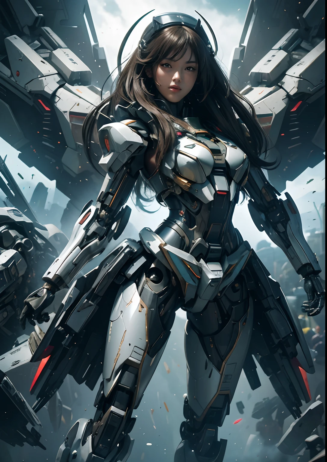 Textured skin, Super Detail, high details, High quality, Best Quality, hight resolution, 1080p, hard disk, Beautiful,(Gundam),beautiful cyborg woman,Mecha Cyborg Girl,Battle Mode,Girl with a Mecha Body,She wears a futuristic Gundam mecha,Fulll body Shot
