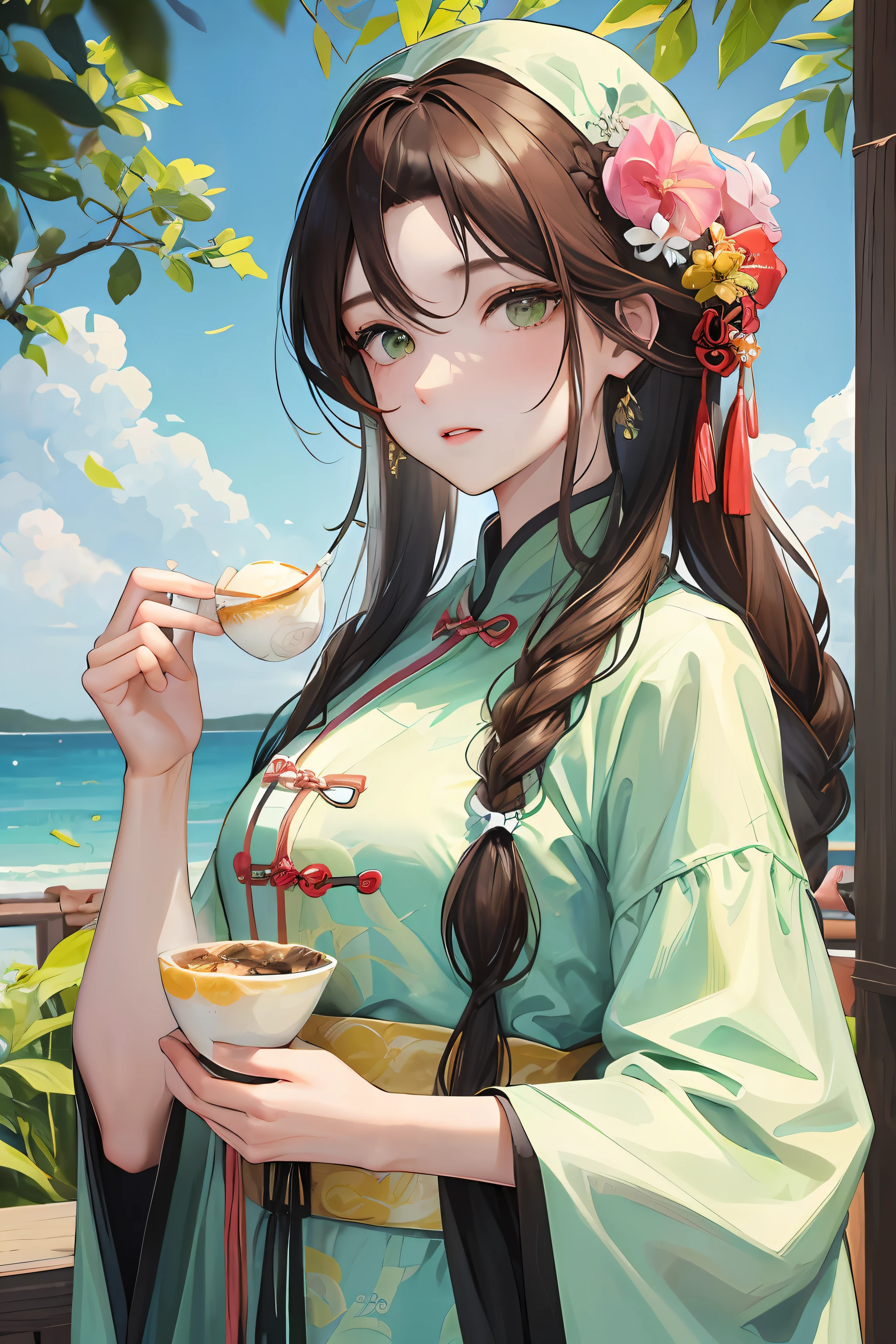 Masterpiece, Best quality, Daytime, Outdoor, Water's Edge, festivity, celebrating, A woman who is, Mature woman, Chinese style, Ancient China, sister, Imperial sister, Cold expression, Expressionless face, Dark brown hair, Green eyes, Single strips of fried dough twisted braid, Coiled hair, Double ball head, Green clothes, Light pink lips, calm, Intellectual, Media distribution, Hairpin, doctor, herbal medicine