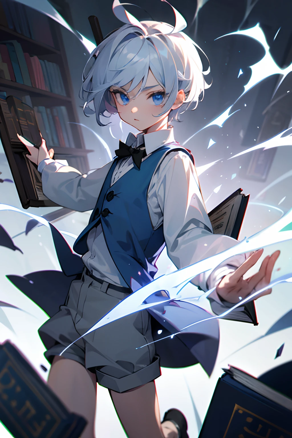silber hair,blue eyess,short-haired,Having a book,bookcase,ren,Cute,fleeting,The shirt,vests,Short pants,gotik,Male ,attacking magic,Ice Magic,twinsies,long-sleeve,
