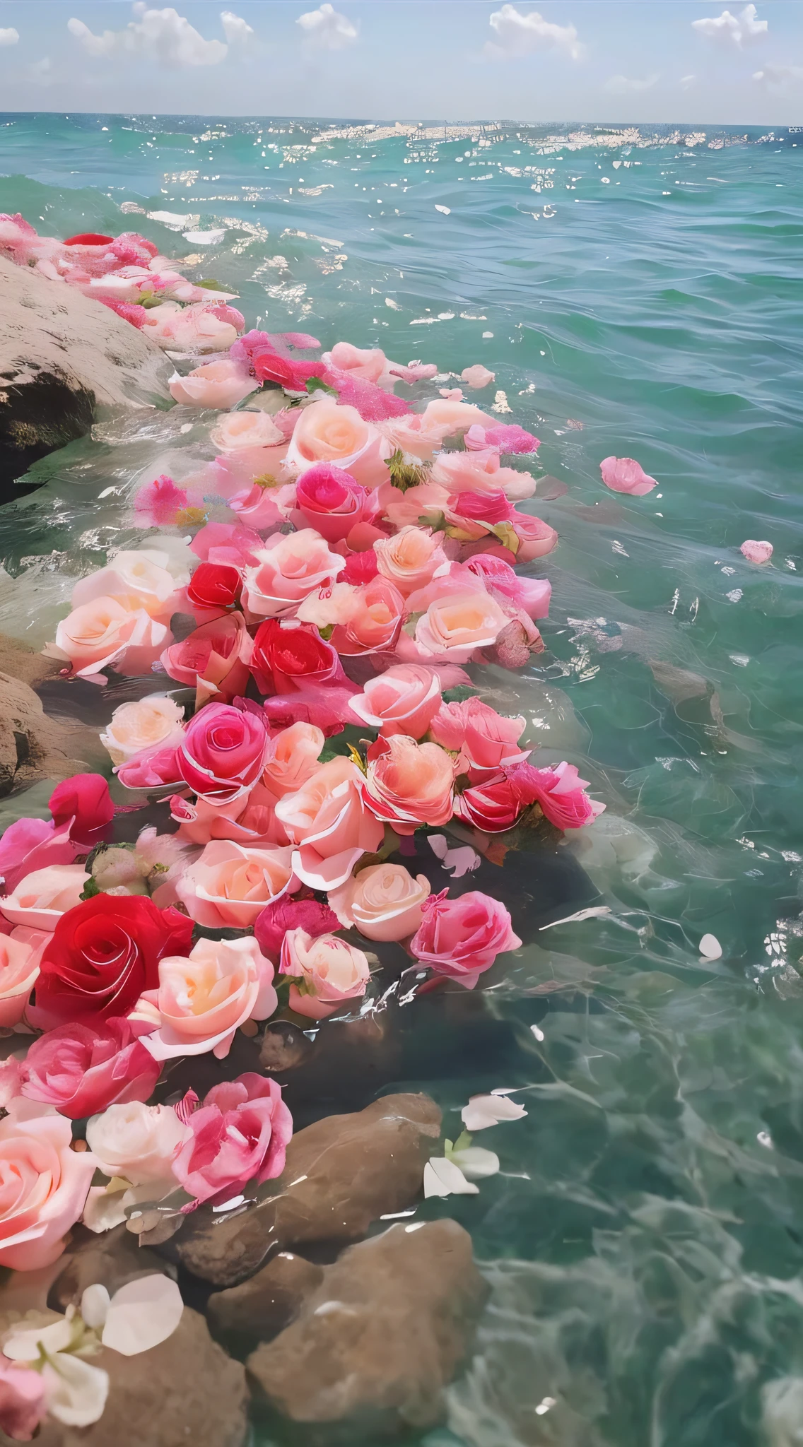 Flowers float in the water on the beach near the rocks, flowers sea everywhere, pastel overflow, rosses, flowers sea rainning everywhere, pink water in a large bath, Beautiful and aesthetic, rosette, Beautiful nature, beautiful aesthetic, floating bouquets, made of flowers, portal made of roses, laying on roses, Beautiful ocean, very beautiful photograph of