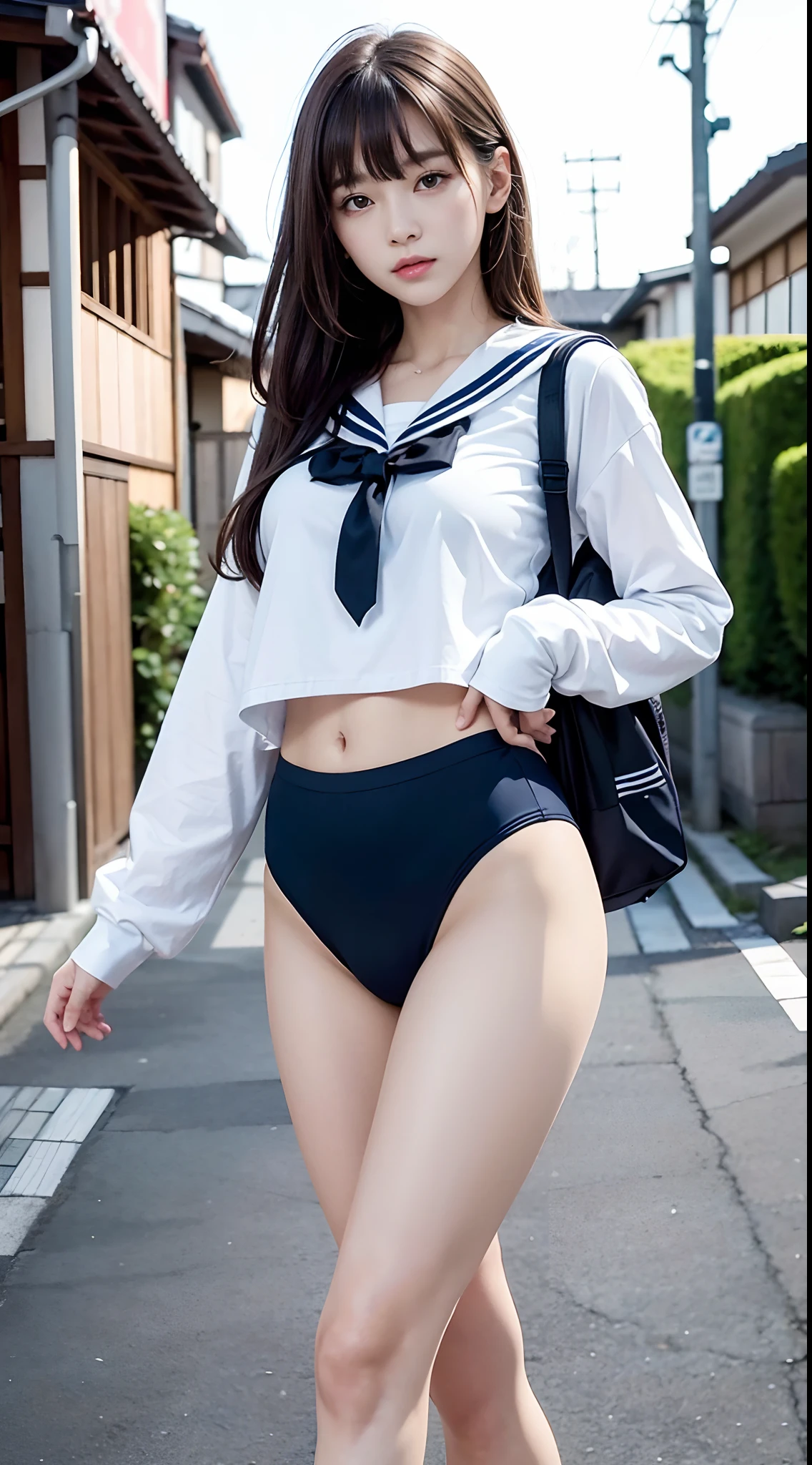 (​masterpiece:1.3), (8K, Photorealsitic, Raw photography, Top image quality: 1.4), japanes, (1girl in), beauitful face, (Lifelike face), Beautiful hairstyle, realisticeyes, Eyes in Beautiful Details, (real looking skin), Beautiful skins, enticing, 超A high resolution, A hyper-realistic, high detailing, the golden ratio, (Detal Face:1.2), see the beholder,masutepiece, Best Quality, Ultra-detailed, finely detail, hight resolution, Composition of the whole body、Open Legs Pose、Bold legs open、Beautiful detailed eyes, fitness wear, Natural Color Lip,Photorealsitic、realisitic、独奏、Photorealsitic、top-quality、extra detailed face、extremely detailed eye and face、beatiful detailed eyes、absurderes、incredibly absurdness、hair messy、Floating hair、Brown hair、Wavy hairstyle、Middle hair、(extremely details CG、8K Picture Wallpaper)、(extremely delicate and beautiful)、(​masterpiece)、(top-quality:1.0)、(超A high resolution:1.0)、beautiful  lighting、perfect lightning bolt、realistic shadow、[hight resolution]、Detailed skin、ultra-detailliert、detailed faces and eyes、Realistic eyes、Sharp pupils、beauitful face、plein air、Downtown Japan、In the hustle and bustle、blurry backround、shinny skin、Blunt bangs、Red Eye、(Sailor Suit 1.2)、Sailor suits have long sleeves、Super high quality photos, The 8k quality, Outdoors, Full body composition, looking in camera, Japan 20-year-old woman, Perfect beauty, Pore-visible texture, Perfect facial features, clear bare skin, clear bare skin, Beautiful toned body, muscular, slender, Poor breasts, Toned buttocks with small breasts、small ass、 Bloomers (Bloomers in Japan School, Seamless design, Monochromatic bloomers, Bloomers are dark blue, tight fitted、Bloomers are elastic fabrics、The length of the bloomer is from the navel３ｃｍThe following degrees, )Legs wide open、、deadpan、(Face turned to the side、)