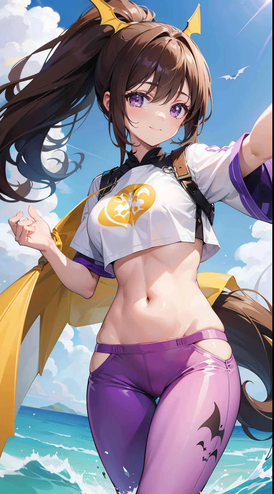 young girl, Long brown hair, high ponytail, yellow and purple eyes, white tight top, open belly, open breasts, fishing net, tight purple pants, Bat wings, Smile, Masterpiece, hiquality, 4k, HD, Good detail