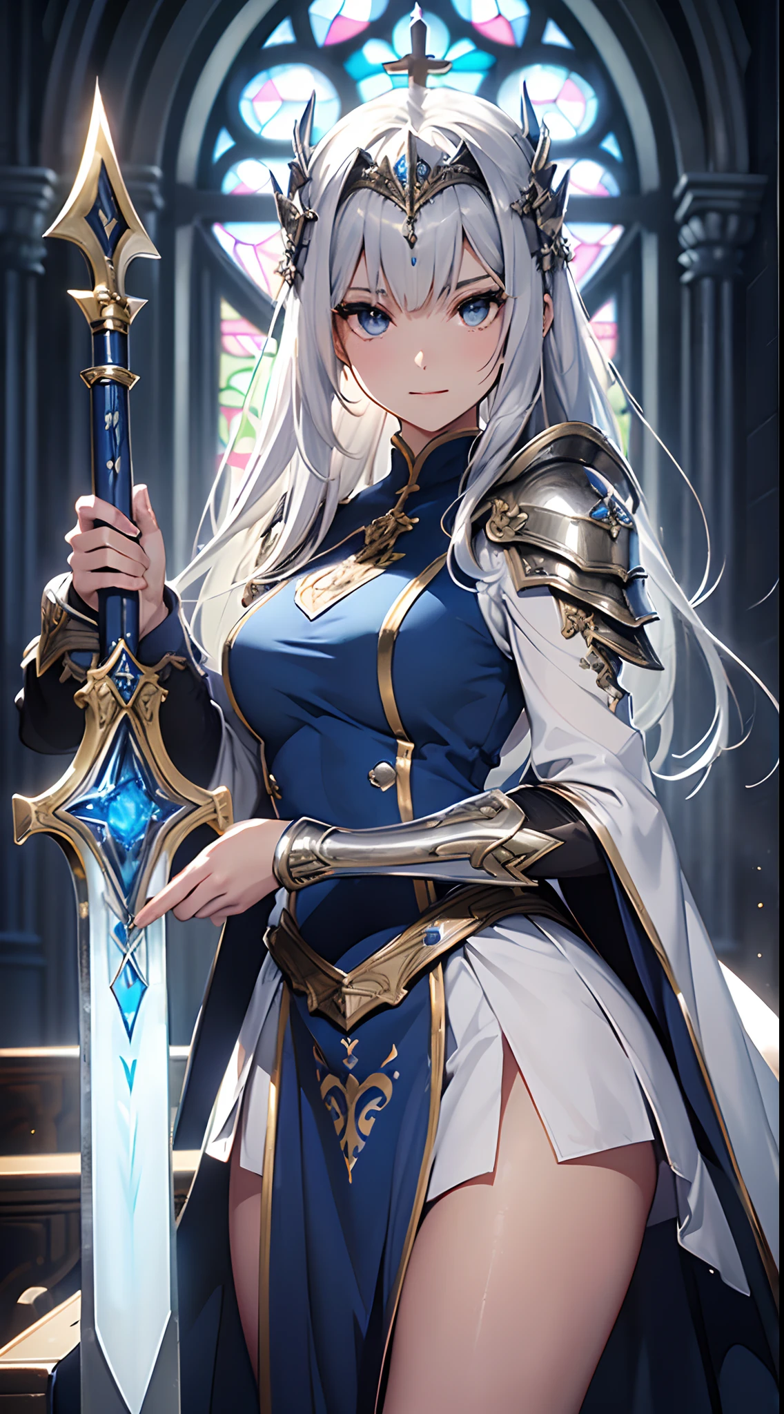 (Official art、Best Quality、Unity 8k Wallpapers、32K、masterpiece、ultra-detailliert、超A high resolution、realisitic、Photorealsitic:1.2)、(Cinematic lighting:1.2)、Fireglow effect、film grains、Best Shadows、Rim lighting、side lights、sideshot、(Ultra-detailed and complex 3D rendering)、Detailed beautiful face and eyes、Sharp pupils、Realistic pupils、A slender、1Man Woman、Medium bust、(Full body:1.2)、 beauitful face、16-year-old beautiful girl、(super detailed skin、detailed skin textures:1.3)、(silver blond、Blue-silver hair:1.3)、Paladin、Longhaire、Blunt bangs、Gray eyes、3 braids in 1 bunch、(Blue Armor、Blue Boots、Blue helmet、Jeweled、Gold embroidery)、A slender、Maxi skirt、(thighs thighs thighs thighs:0.8)、(chies、in a house、Artistic stained glass、Large pipe organ、crosses、Hello Point、Mystical、Particles of light、solemnity、Sunlight is、colourfull、Fantastical:1.2)、(Fantastical:1.3)、(Carrying a silver sword:1.3)、(Looking away、looking distantly:1.3)、Fantastical、Gentle smile、I opened my mouth a little、