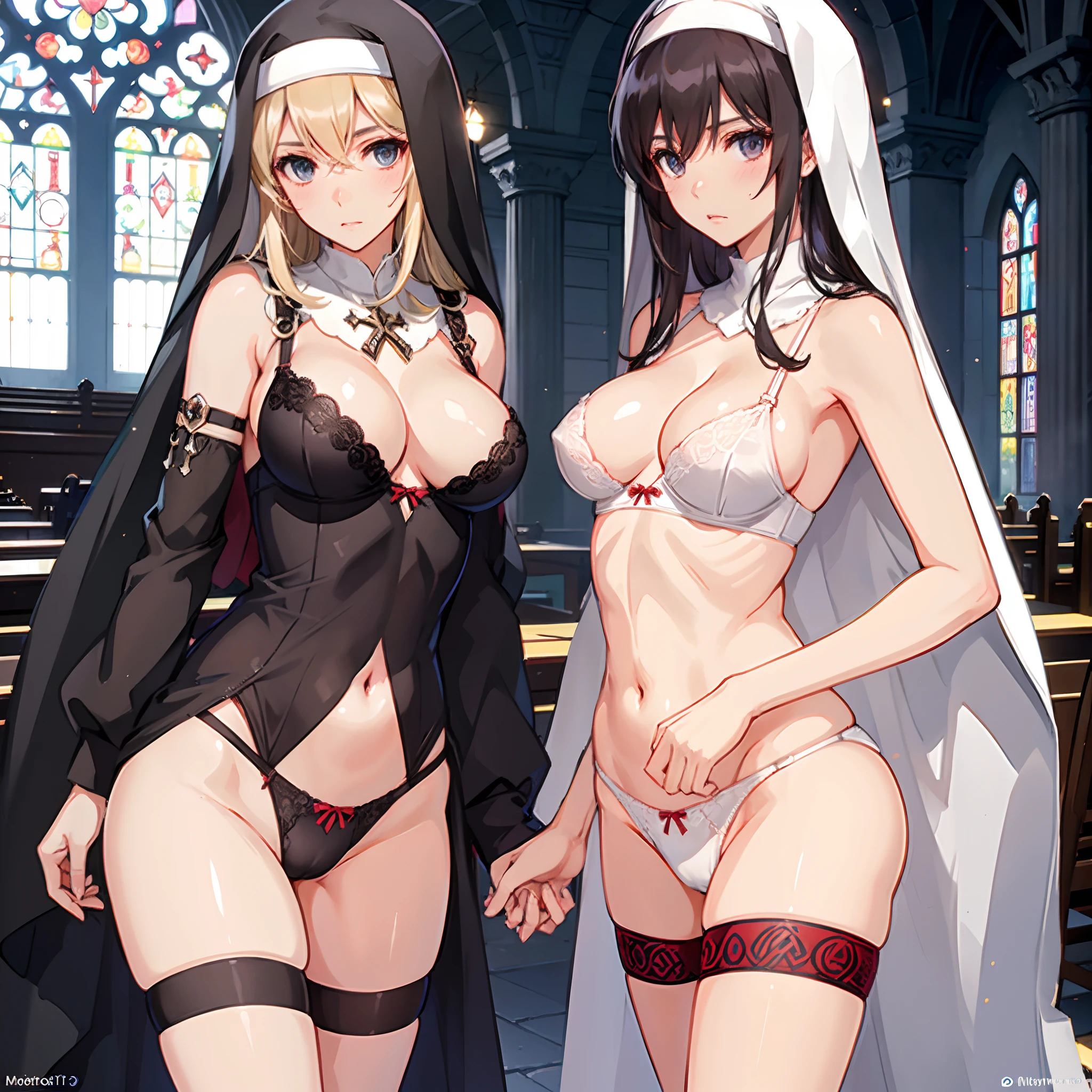 ((Underwear)),(A MILF),(((maturefemale,adult woman))),((nun)),masutepiece,top-quality, ultra-definition, max resolution, A highly detailed,inside a church,natta,((((Beautiful skin)))), Extremely sexy,Colossal tits,White bra,White panties,blush,cleavage,groin,a navel,Seductive thighs,Big ass,Changing clothes,Undressing,Bite,I'm tempting you