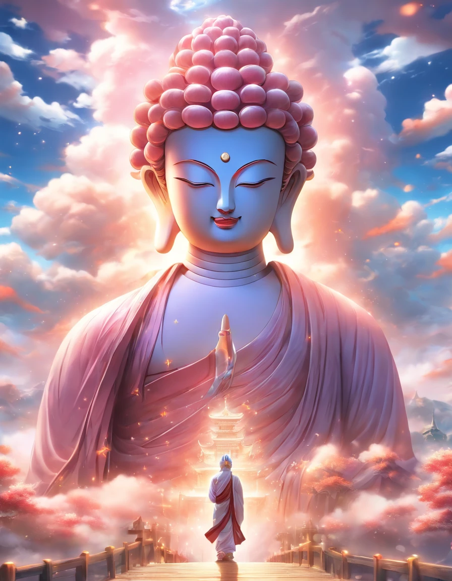 ((masutepiece))，(Best quality))，China style，In the sky, The clouds form a huge white Buddha statue，Thick clouds，and the sun was shining brightly，Pilgrims on the road，Hyper-realistic，Ultra photo realsisim，White seed，8K，High definition，high qulity，Works of masters，super-fine，（（（OC renderer）））