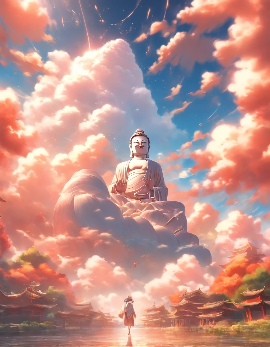 ((masutepiece))，(Best quality))，China style，In the sky, The clouds form a huge white Buddha statue，Thick clouds，and the sun was shining brightly，Pilgrims on the road，Hyper-realistic，Ultra photo realsisim，White seed，8K，High definition，high qulity，Works of masters，super-fine，（（（OC renderer）））